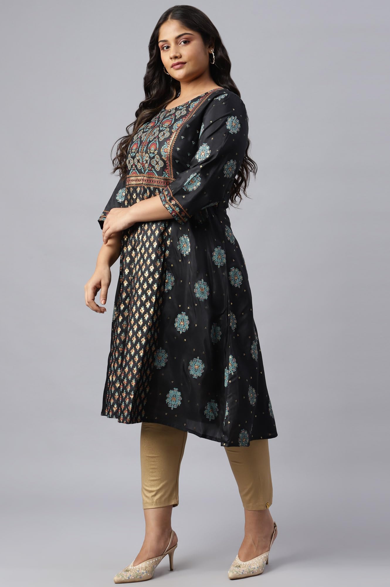 W for Woman Plus Size Jet Black Foil Printed Shantung Kurta