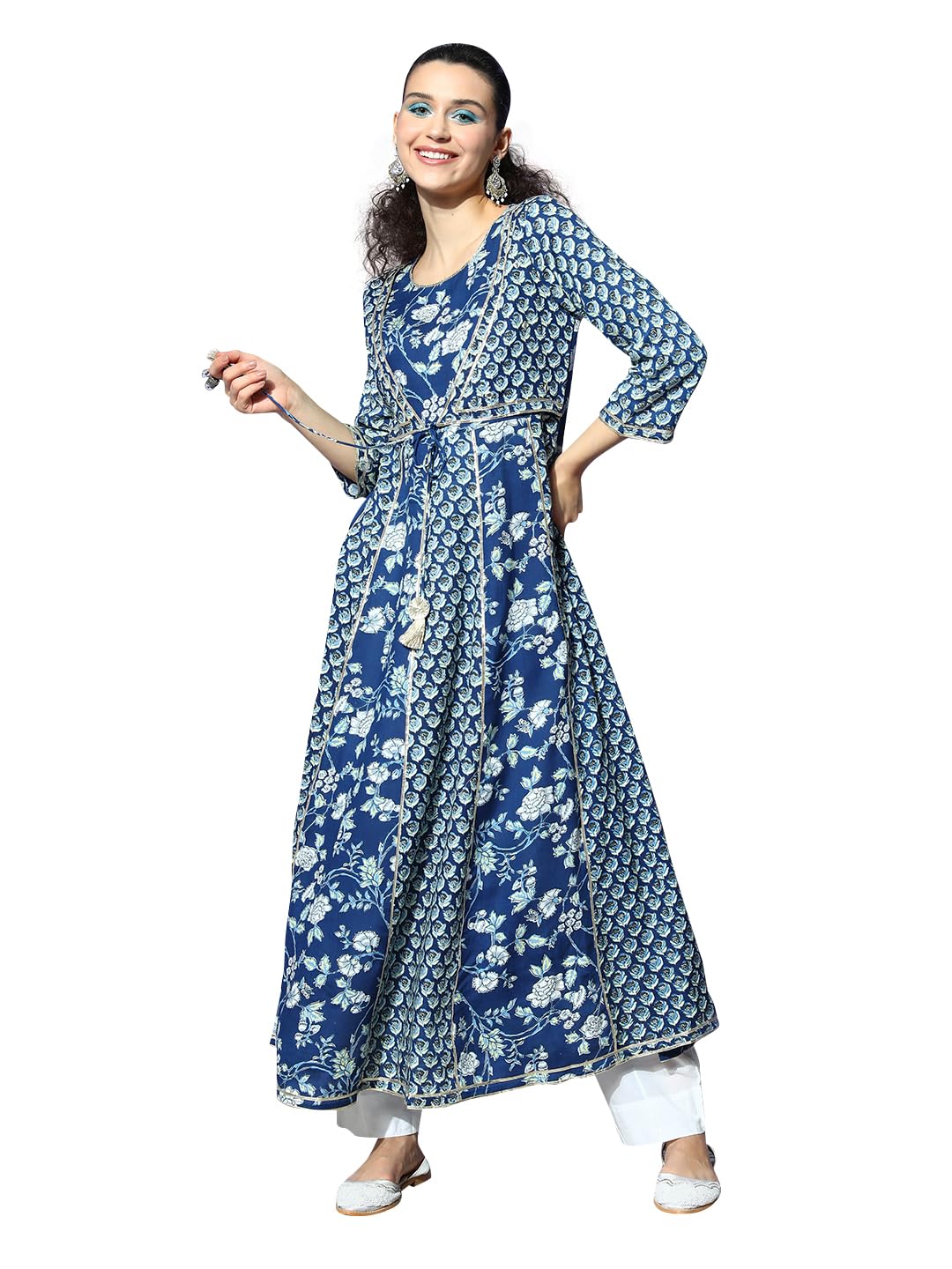 Ishin WomenS Cotton Blue Embellished Anarkali Kurta
