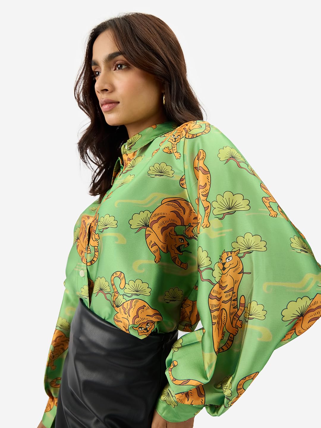 The Souled Store Folk Tiger Women and Girls Long Sleeve Collared Neck Button Down All Over Print Polyester Shirts Green