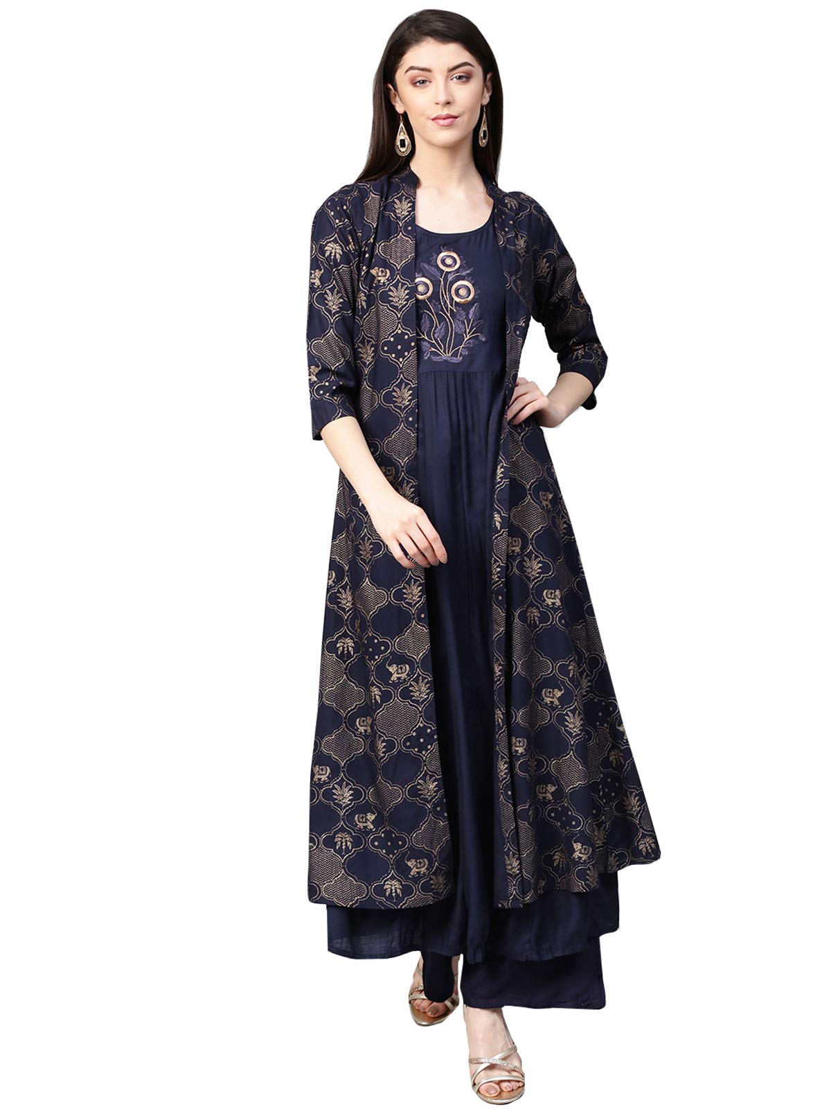 Ishin WomenS Cotton Black Foil Printed A-Line Kurta Set With Palazzo & Jacket