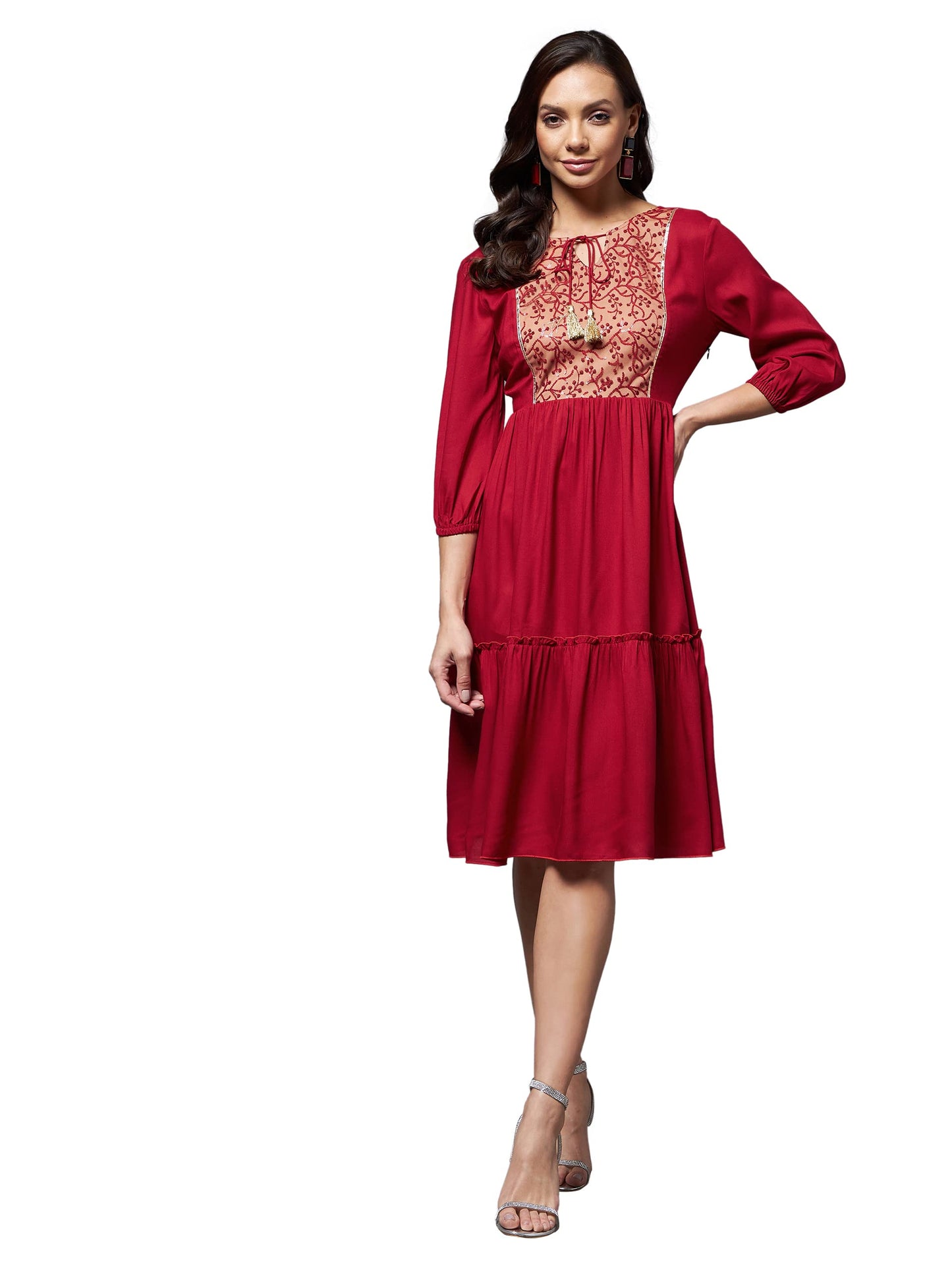 Miss Chase Womens Round 3/4 Sleeve Self Design Gathered Midi Dress (MCSS25D91-87-143-03, Maroon, S)
