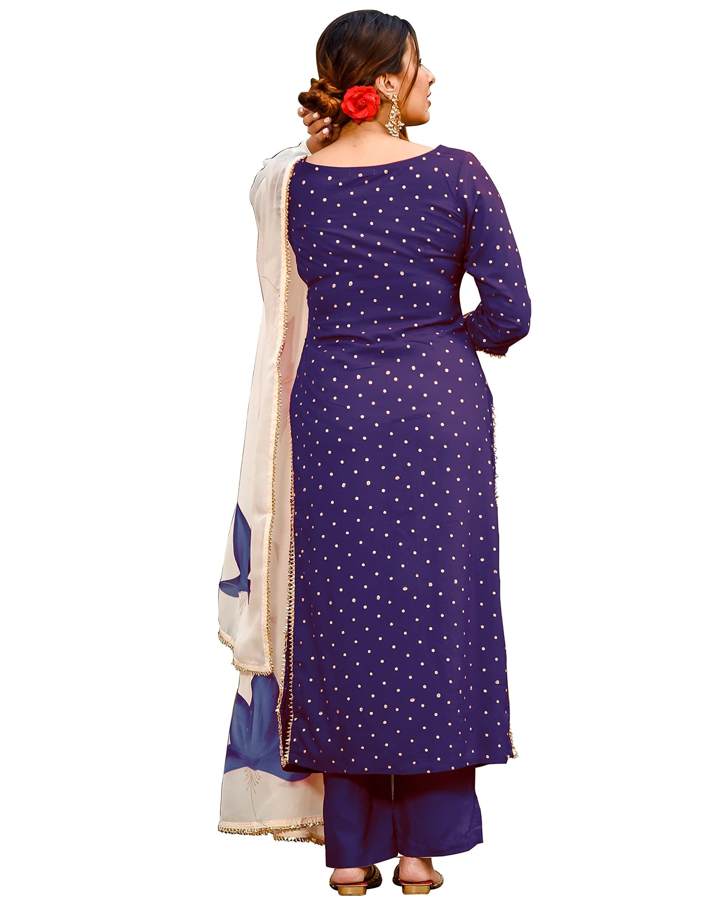 GoSriKi Women's Cotton Blend Floral Printed Straight Kurta with Palazzos & with Dupatta (Rayon-Blue-18-GS)