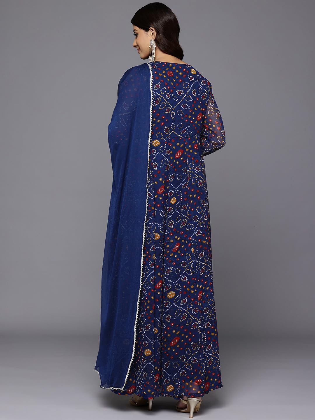 Varanga Women Bandhni Print with Gota Lace Embellished Anarkali Kurta with Dupatta Navy Blue