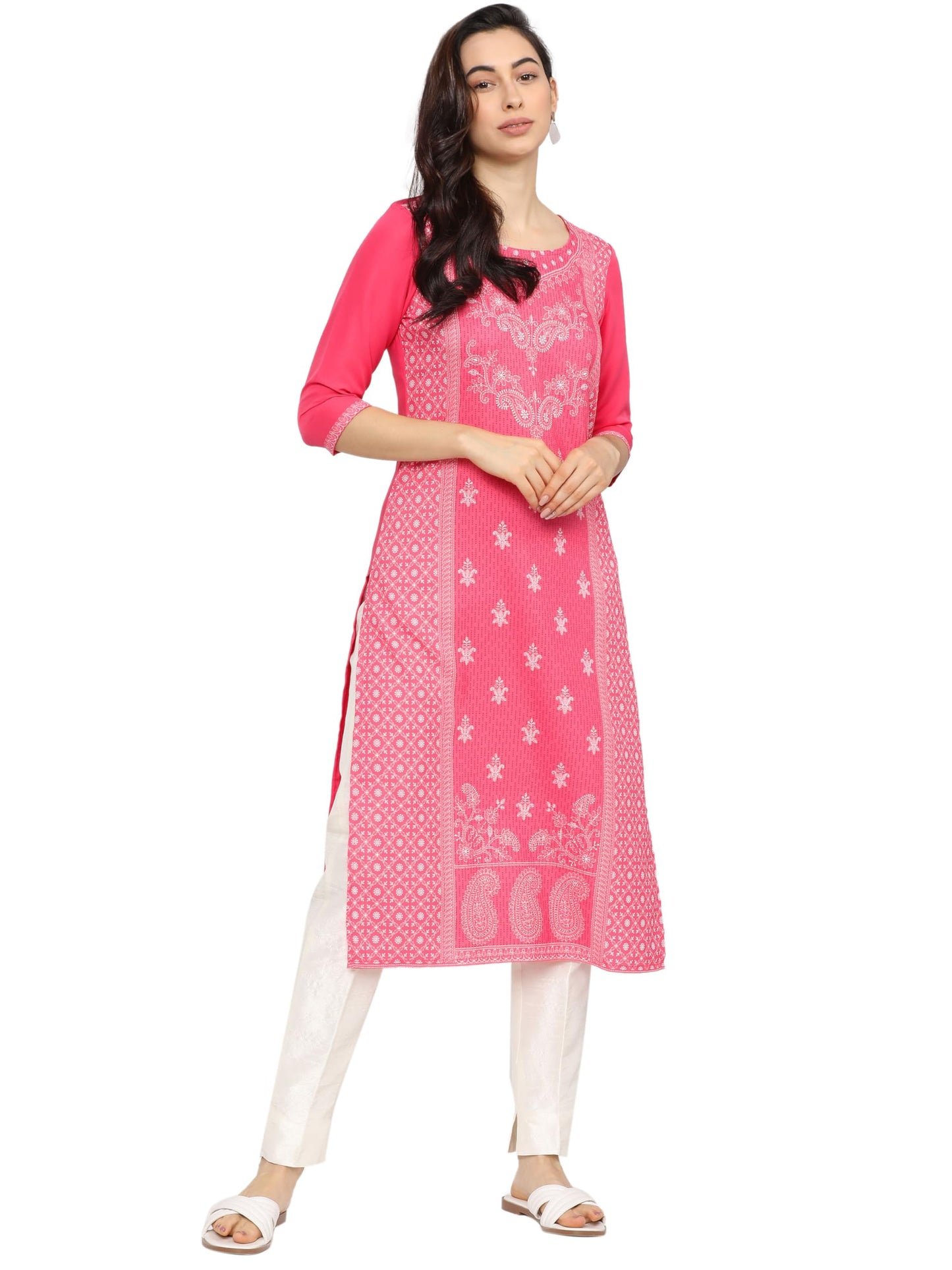 Ketch Women'S Polyester Straight Dress Kurta Shirt (Khku000086_Pink_M)