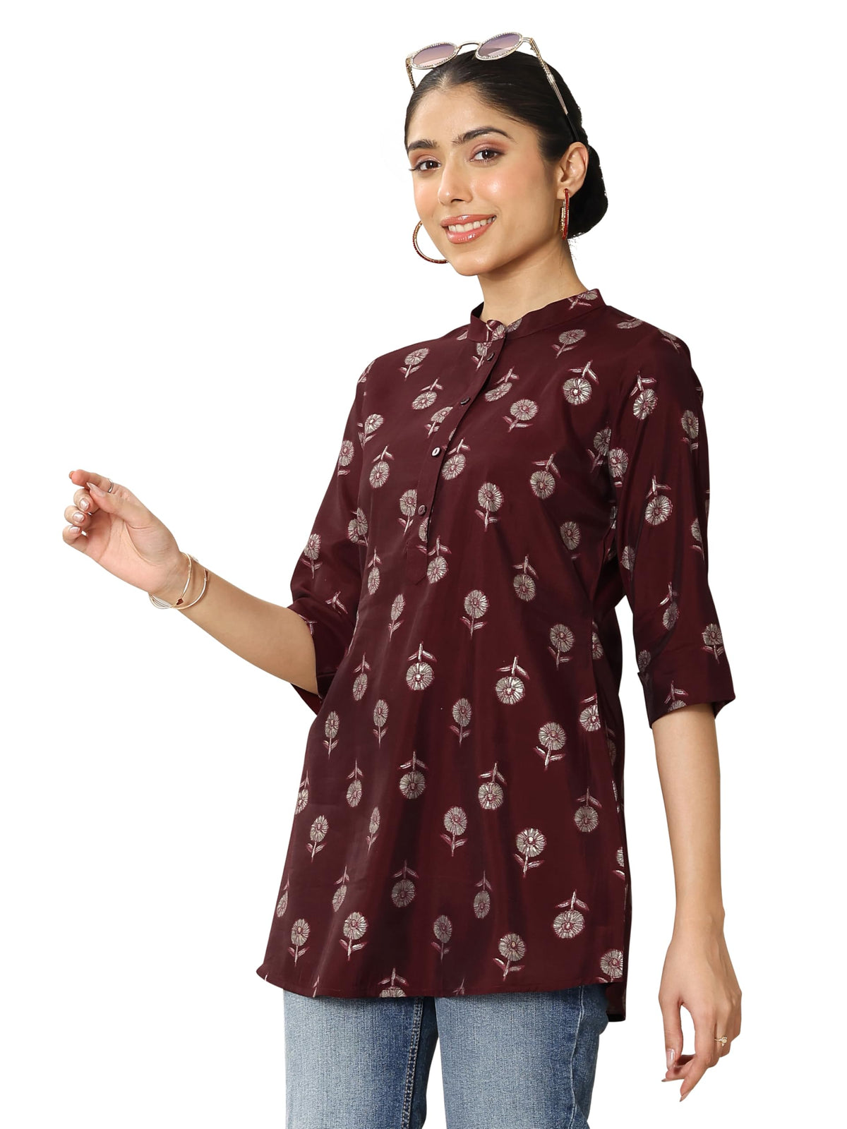 Libas Womens Printed Silk Blend Straight Kurti For Women Maroon
