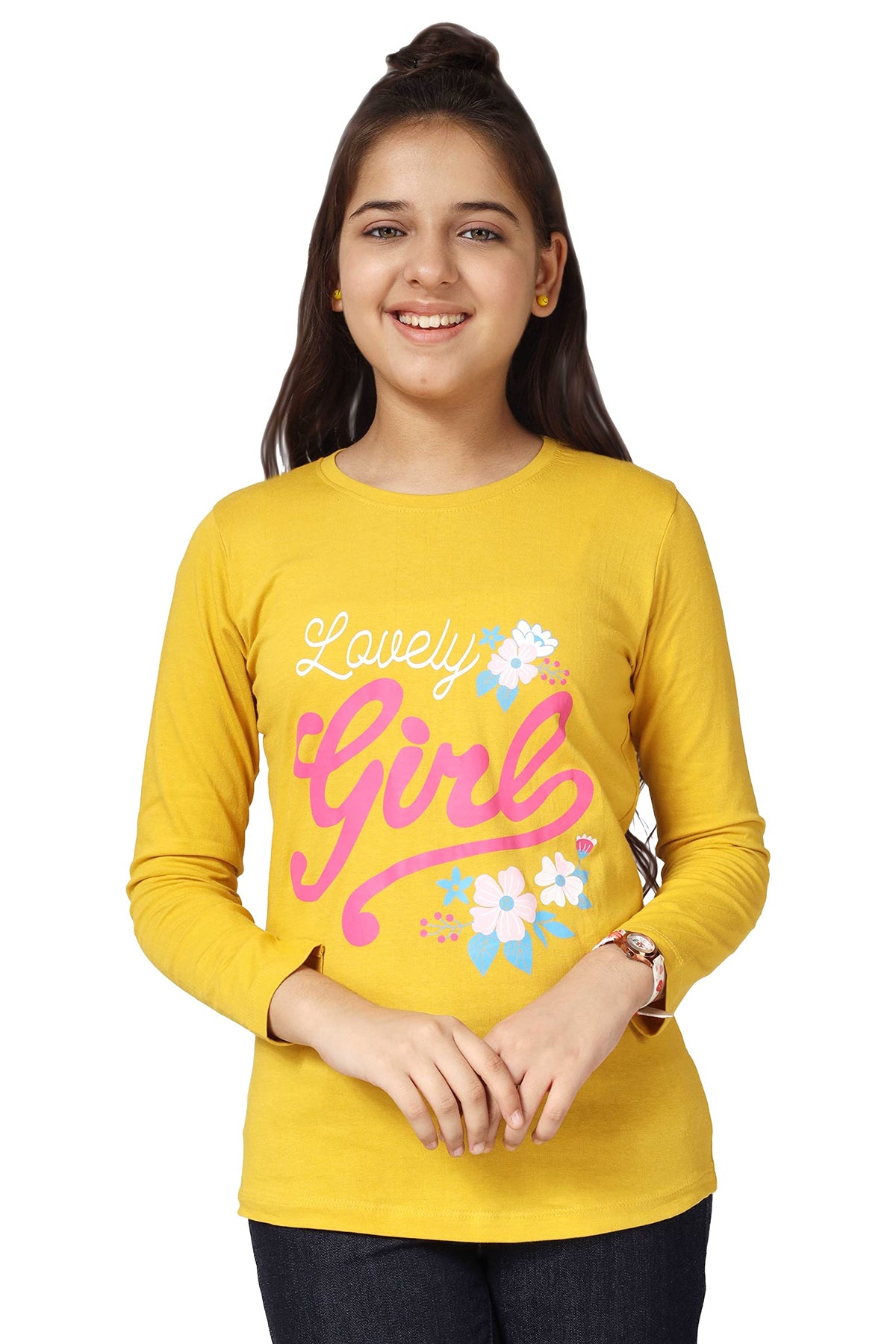 Kyda Kids 100% Cotton Girls Full Sleeve Printed T-Shirt,Regular Fit Round Neck Tops (Pack Of 3) Yellow