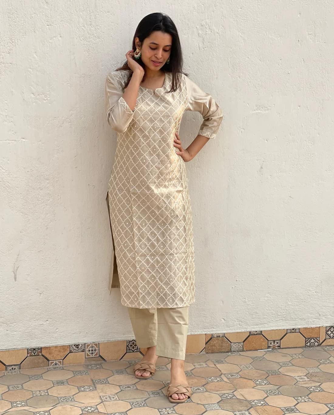 GoSriKi Womens Cotton Blend Embroidered Straight Kurta with Pant & Dupatta (MYSURU-Cream_M-GS_Cream_Medium)