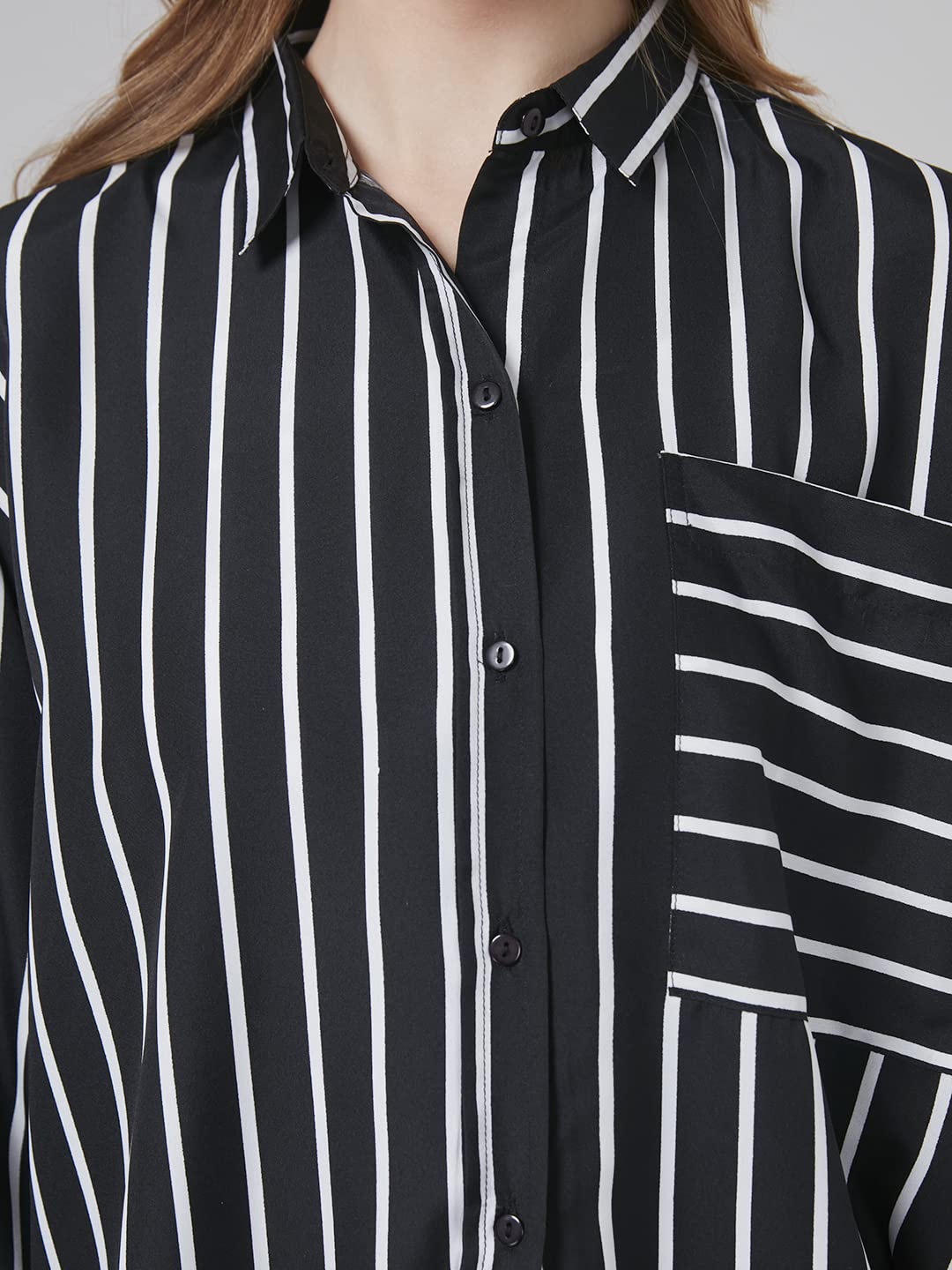 Style Quotient Women Black and White Stripe Printed Poly Crepe Oversized Casual Shirt