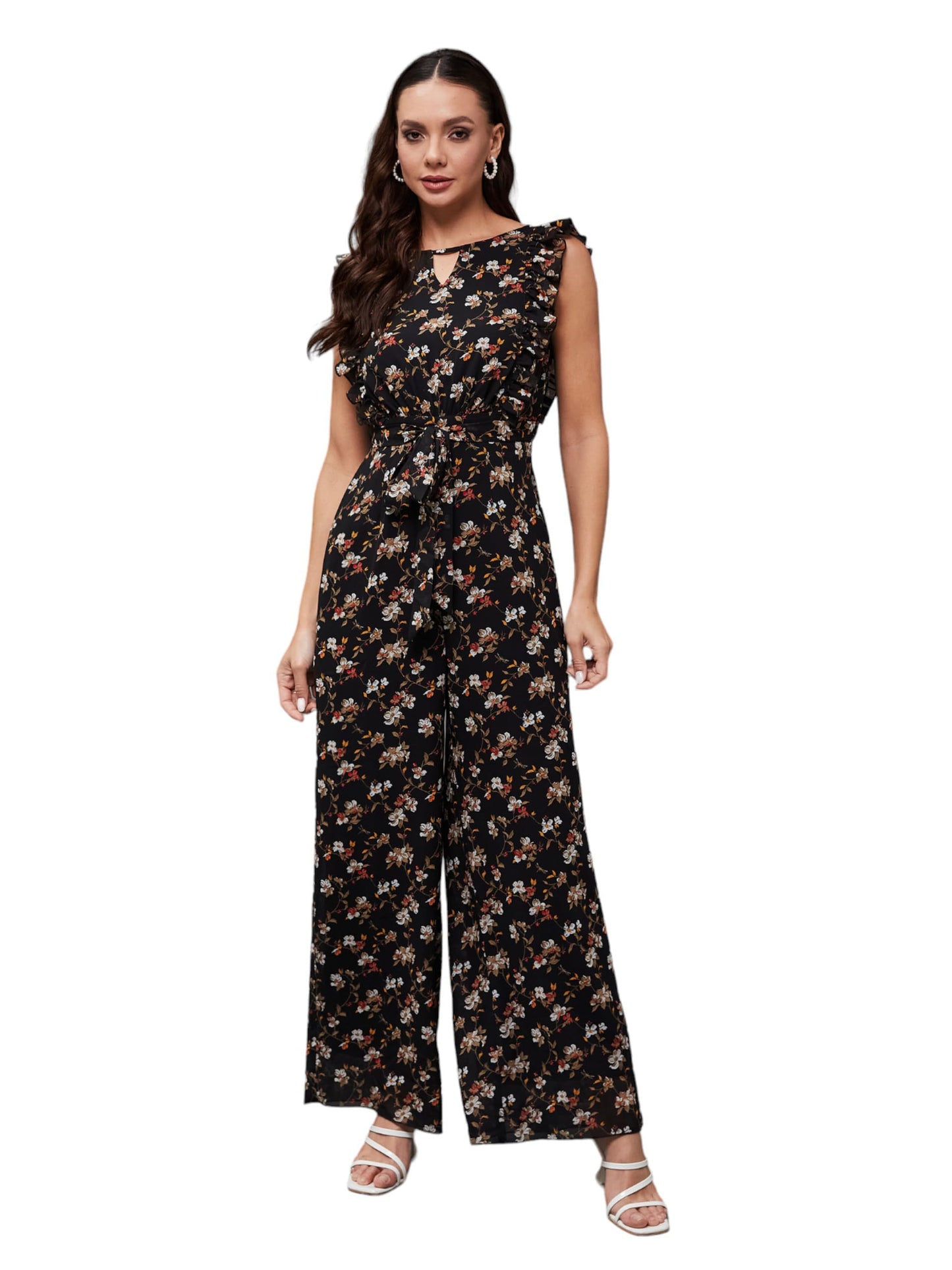 Miss Chase WomenS Round Neck Sleeveless Floral Wide Leg Jumpsuit With Pockets (Mcaw21D04-90-171-05, Multicolored-Base-Black, L)