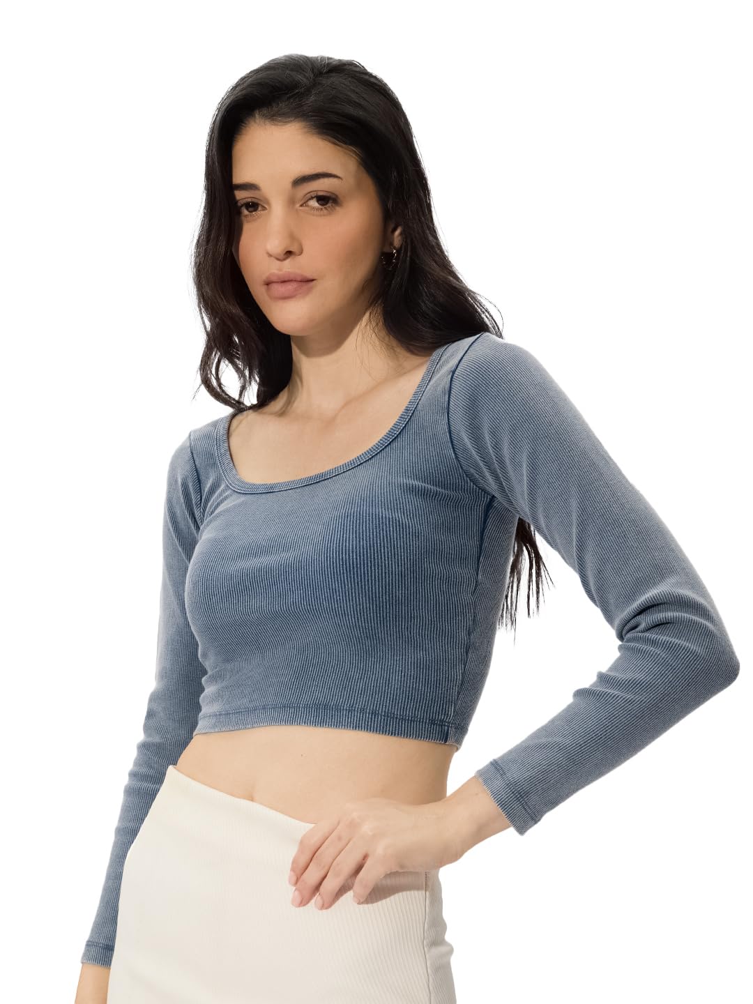 The Souled Store Solids: Acid Wash Blue Women and Girls Long Sleeves Square Neck Cotton Blend Slim Fit Cropped Tops