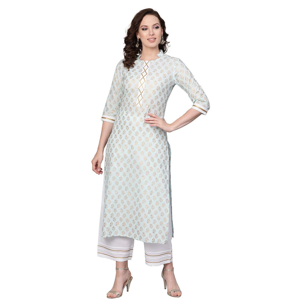 Idalia WomenS Sky Blue Khari Gold Printed Straight Cotton Kurta Set With Pant