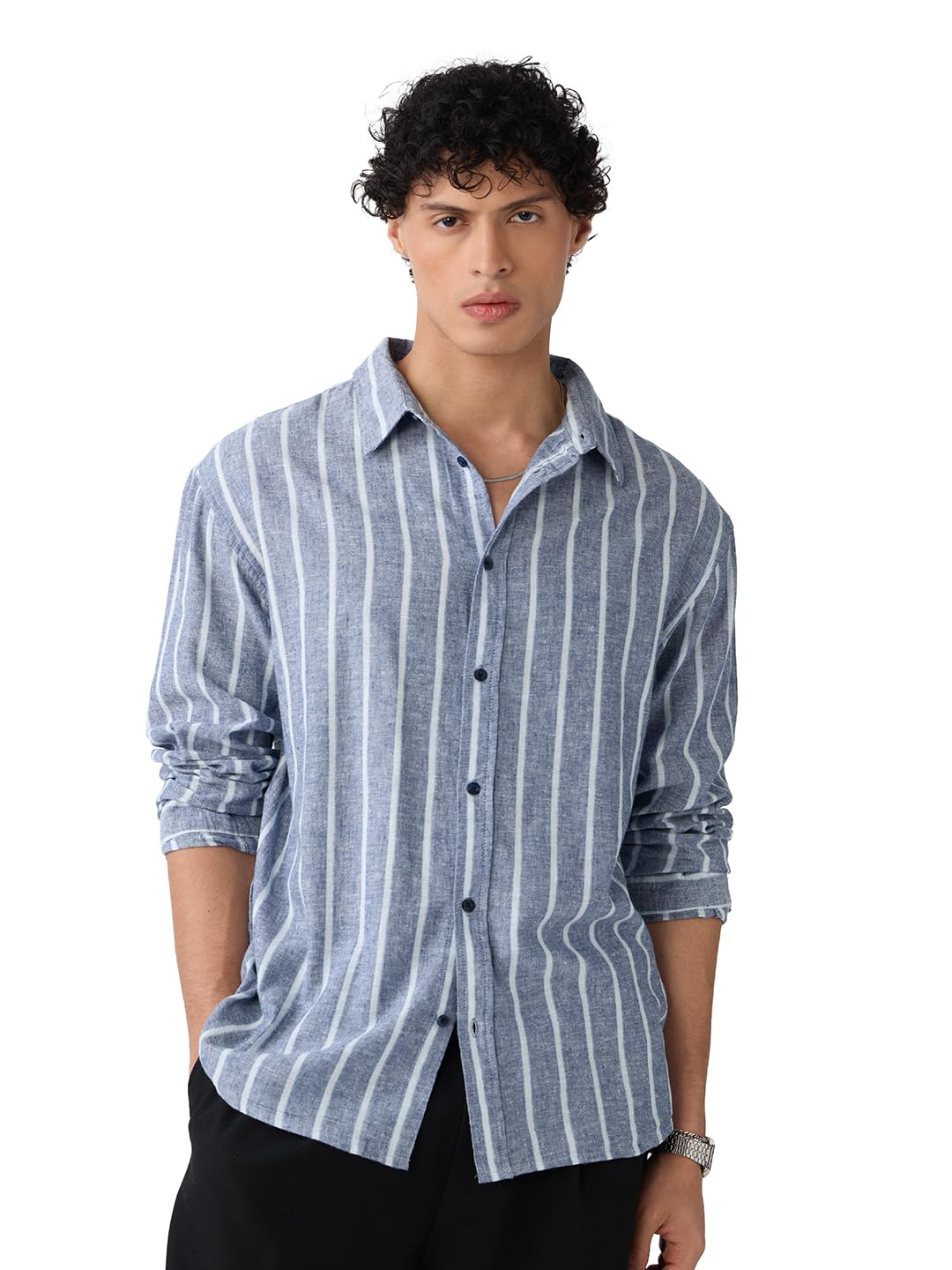 The Souled Store Cotton Linen Stripes: Nautical Men and Boys Long Sleeves Collared Neck Button Front Grey Striped Regular Fit Li