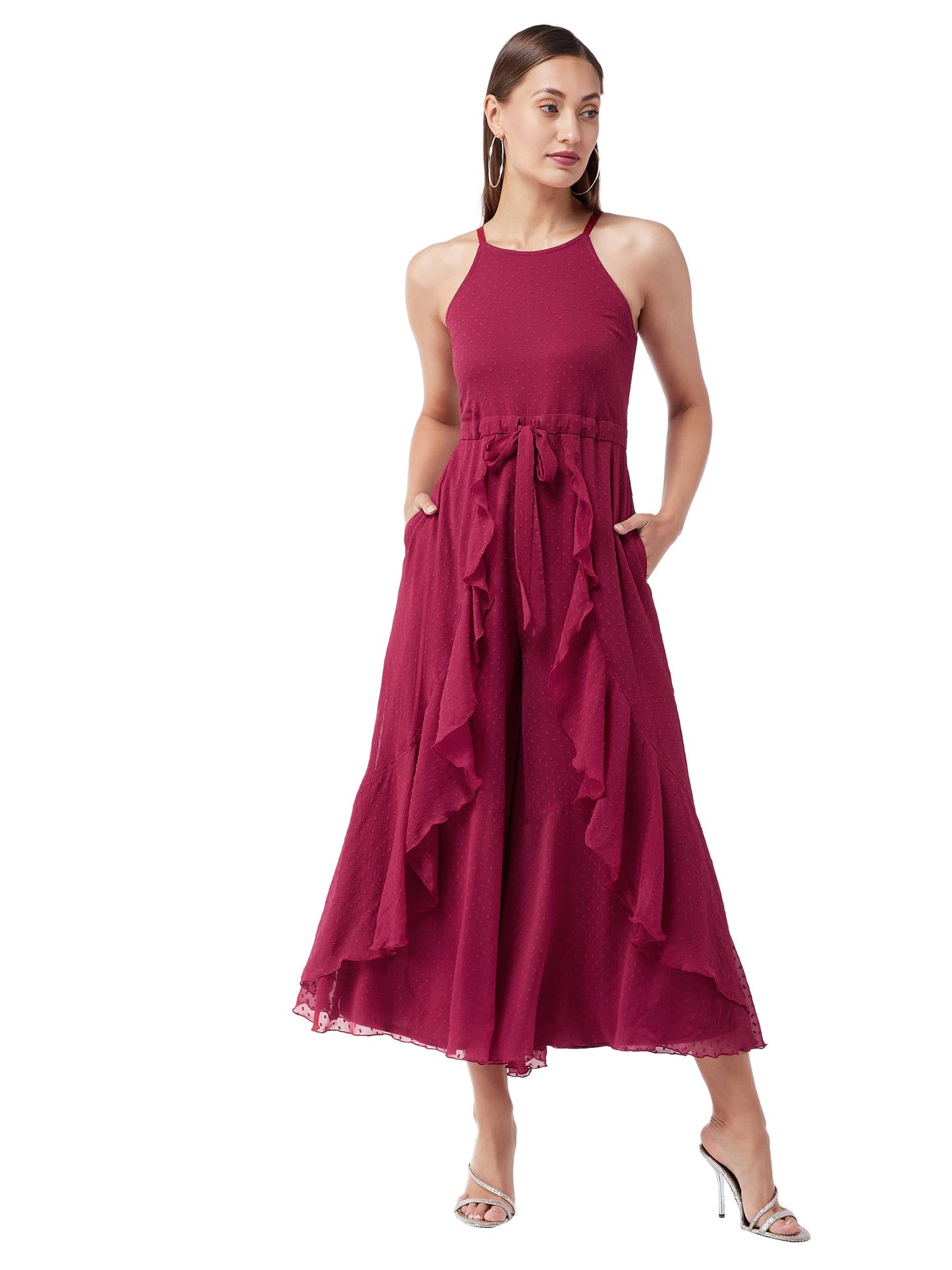 Miss Chase WomenS Maroon Halter Neck Sleeveless Solid Ruffled Regular Jumpsuit (Mcaw21D04-95-143-05, Maroon, L)