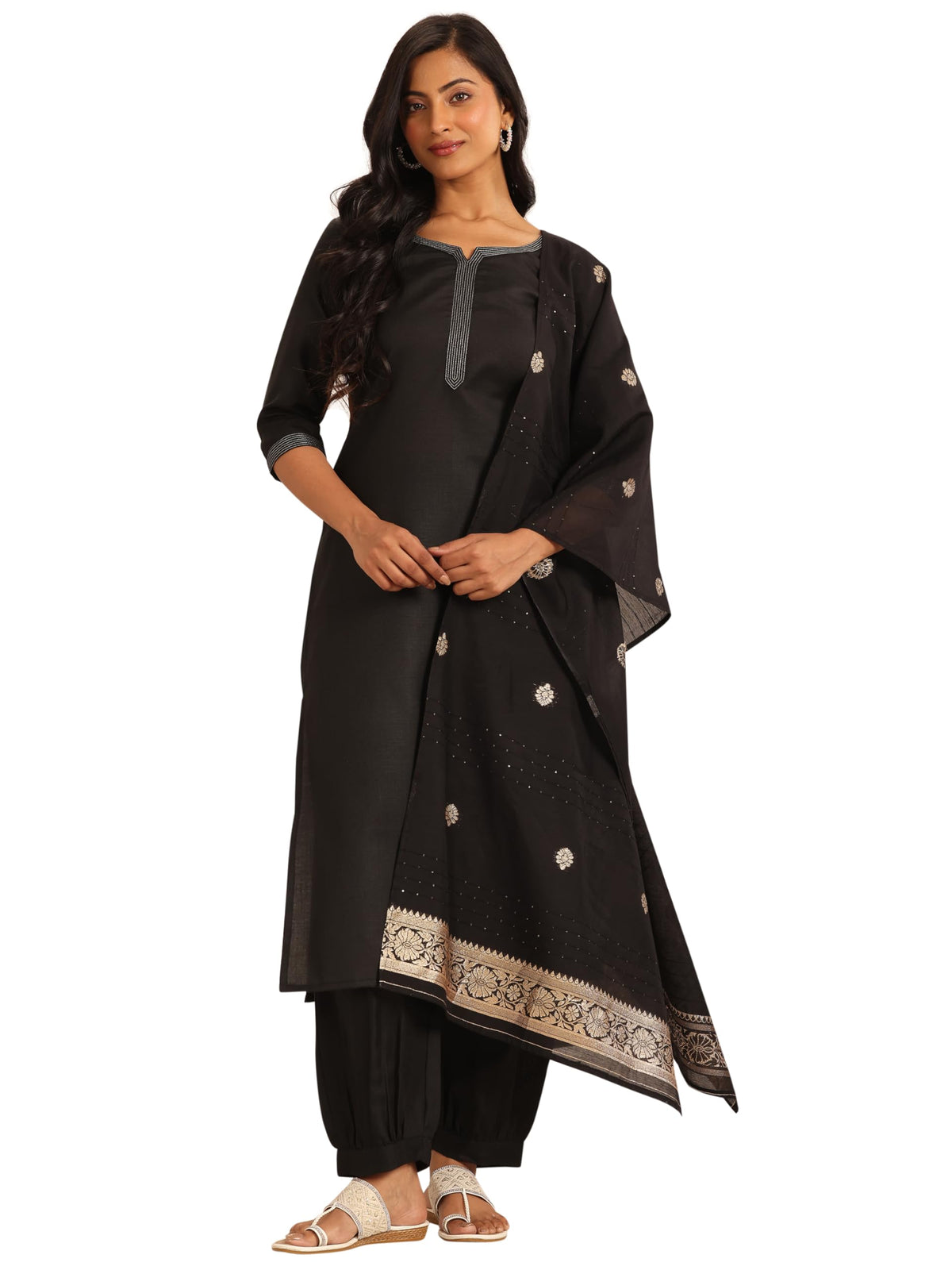 Libas WomenS Silk Blend Solid Kurta Set (39056_Black