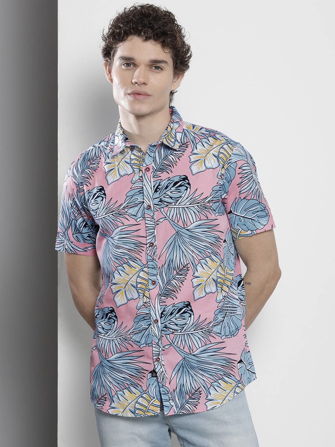 The Indian Garage Co Men Pink Floral Slim Fit Cotton Casual Shirt