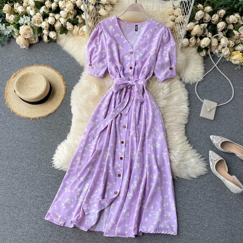 Gufrina Dresses For Women Half Sleeve || Floral Print || V-Neck And Puff Sleeves || Front Open Button & Tie-Up || Midi Dress (La