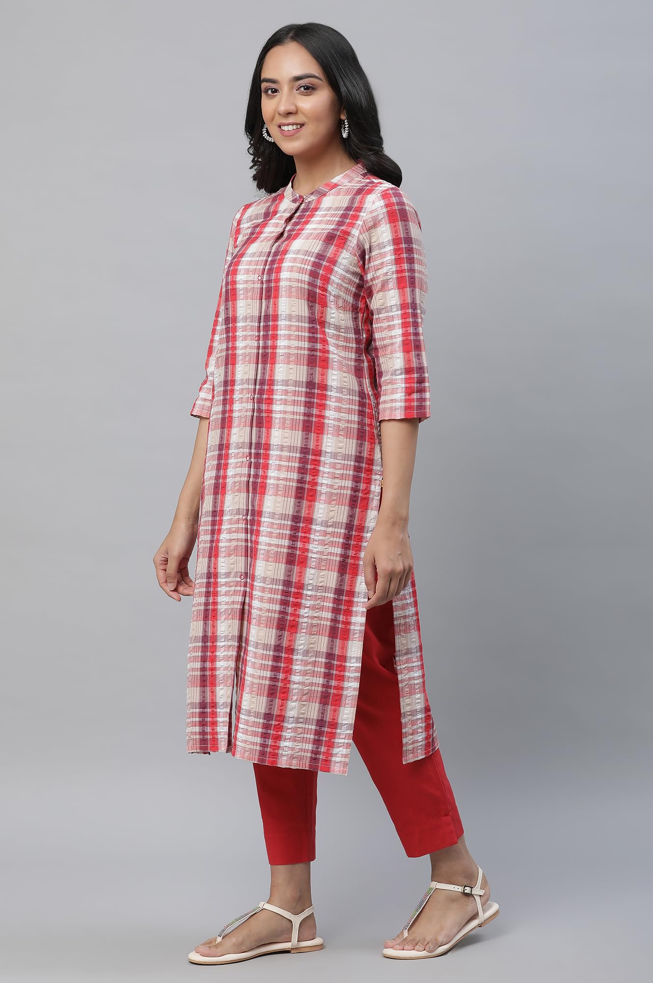 Aurelia WomenS Red Checked Cotton Regular Kurta