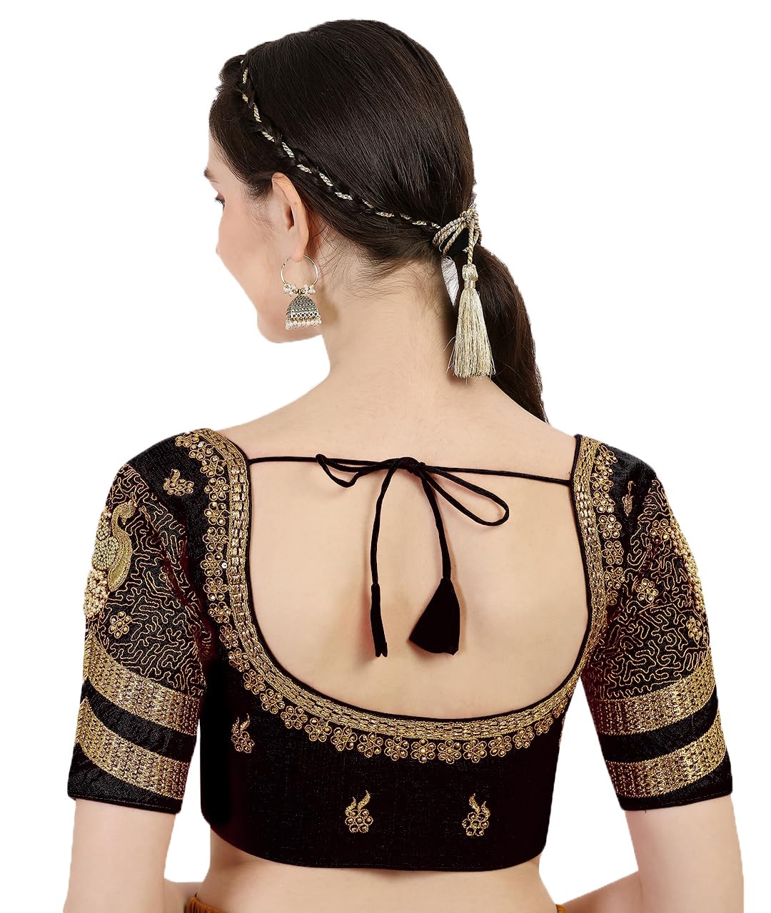 Pujia Mills WomenS Silk Readymade Stylish Design Half Sleeve Maggam Designs Pattu Aari Work Blouse For Wedding (Black Color, 38