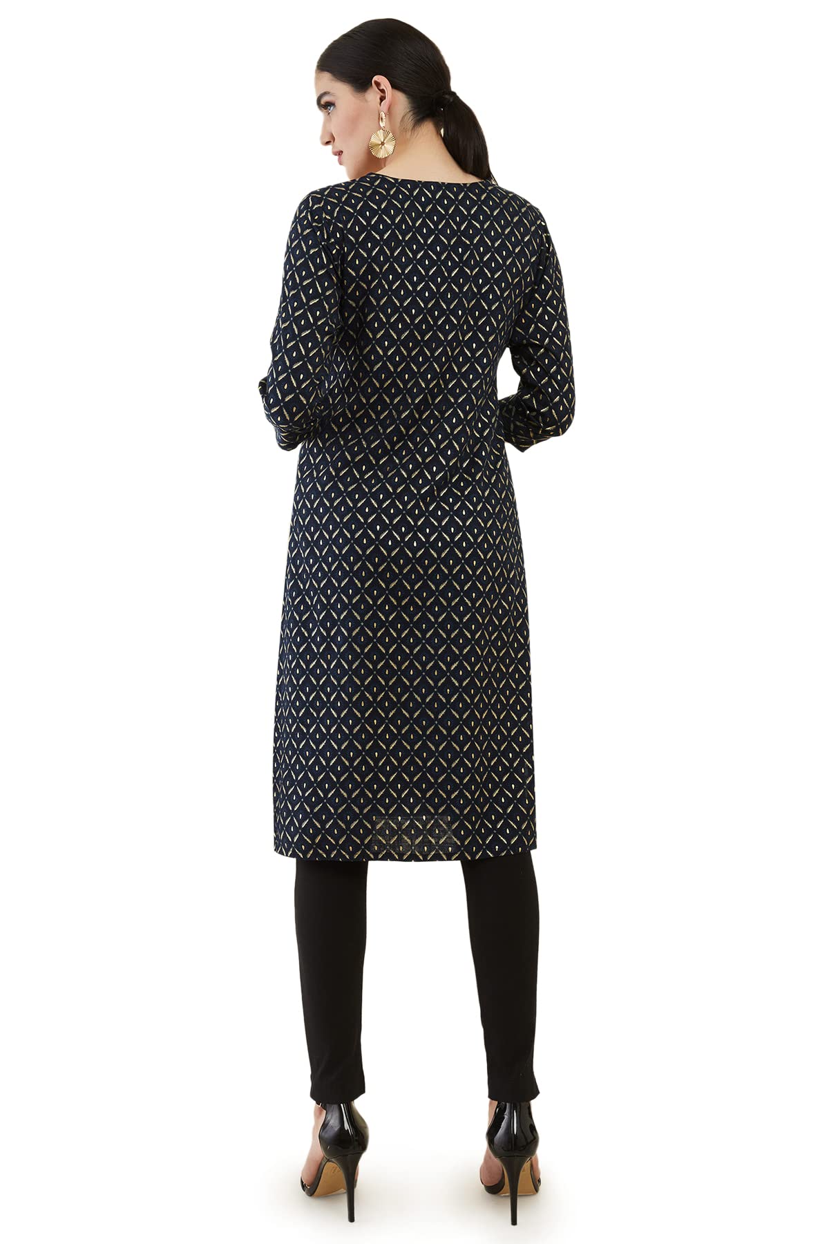 Soch Navy Blue Rayon Kurta with Block Printed Patterns