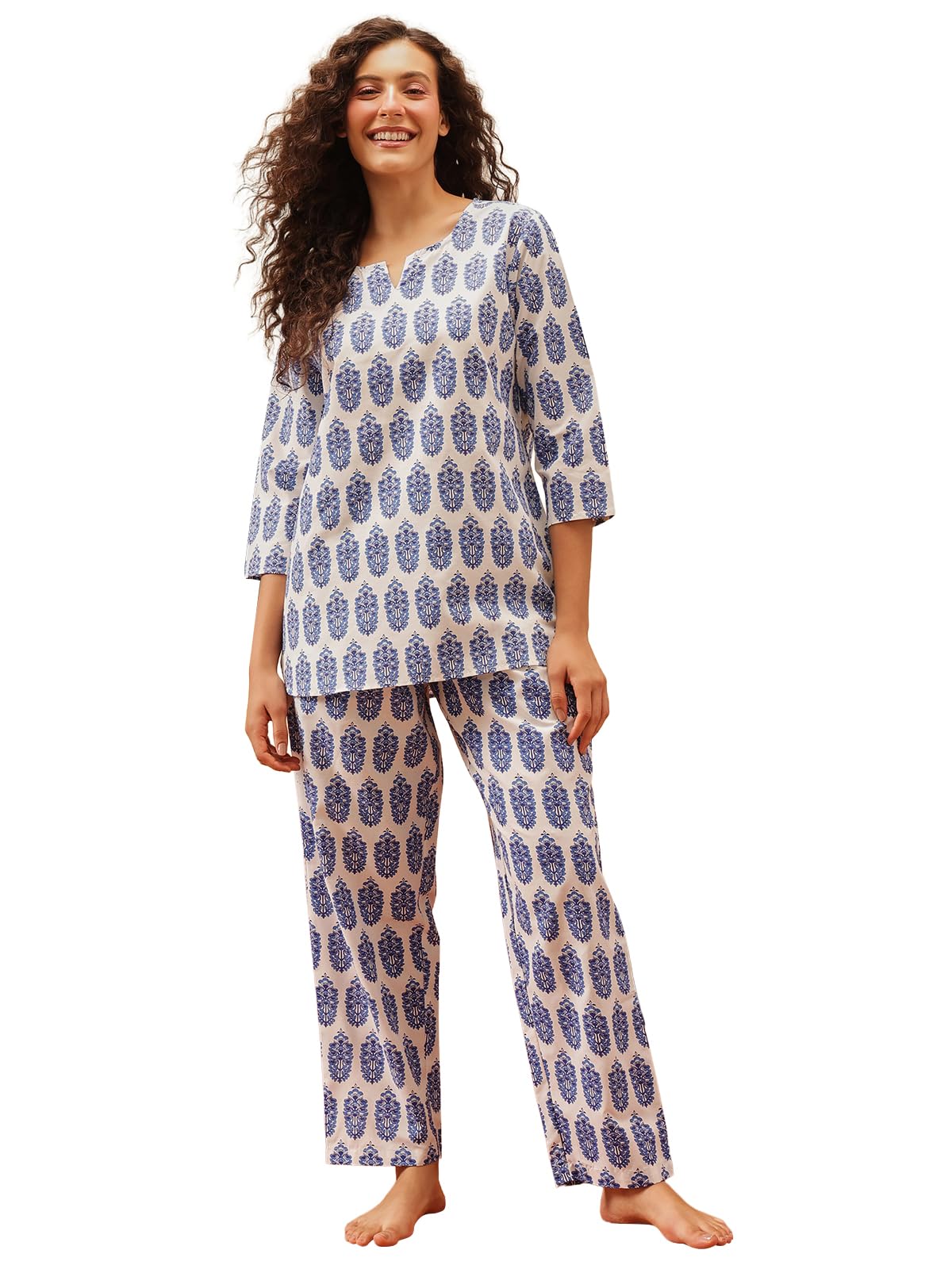Clovia Womens Cotton Printed Top & Pyjama Set (LS0514D08_Blue_L)