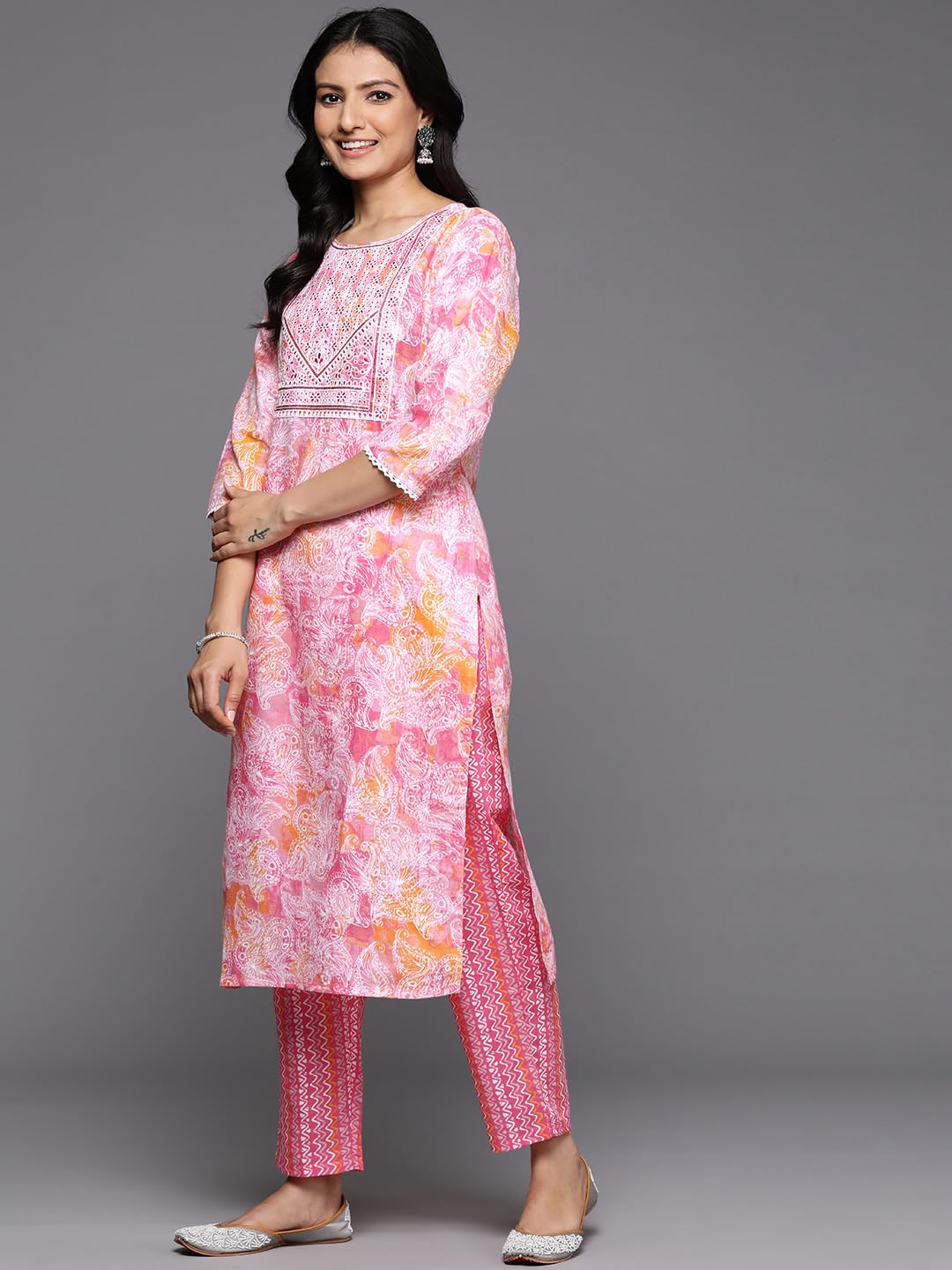 Varanga Women Pink Printed Round Neck Yoke Embroidered Straight Kurta with Bottom and Dupatta