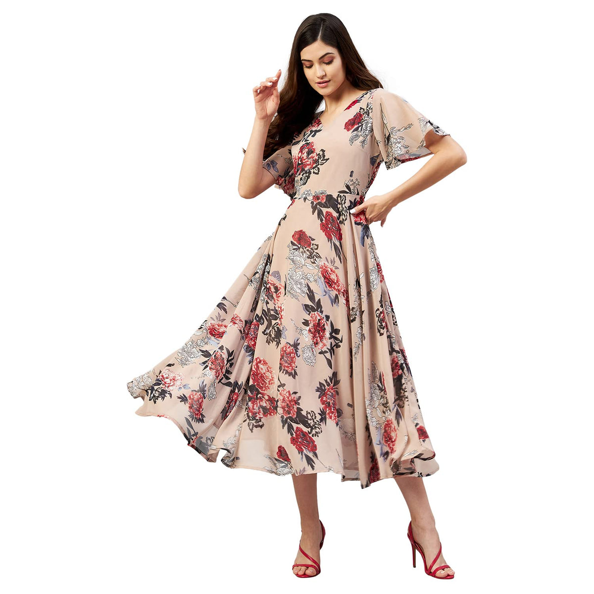 Rare Women Casual Nude Colour Maxi Floral Dress