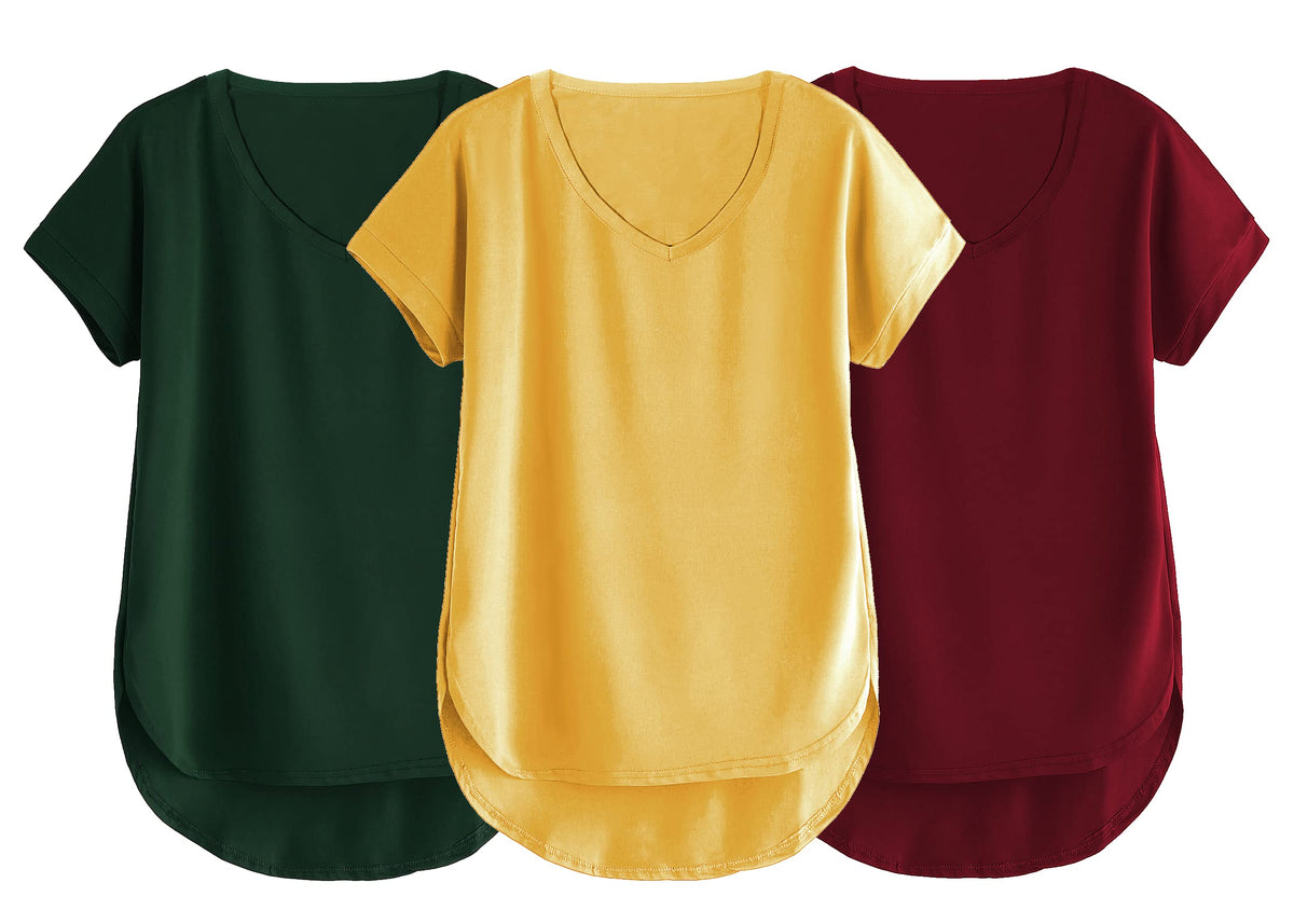 Fabricorn Combo Of Three Plain Maroon, Bottle Green And Mustard Yellow V-Neck Up And Down Cotton Tshirt For Women (Maroon, Bottl