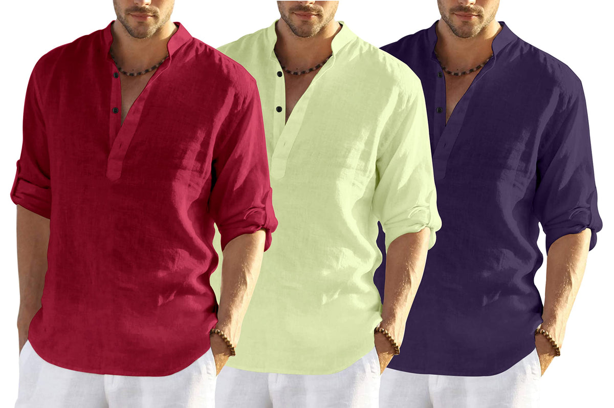 Hemrin Combo Of 3 MenS Cotton Blend Full Sleeve Short Kurta Shirt With Mandarin Collar