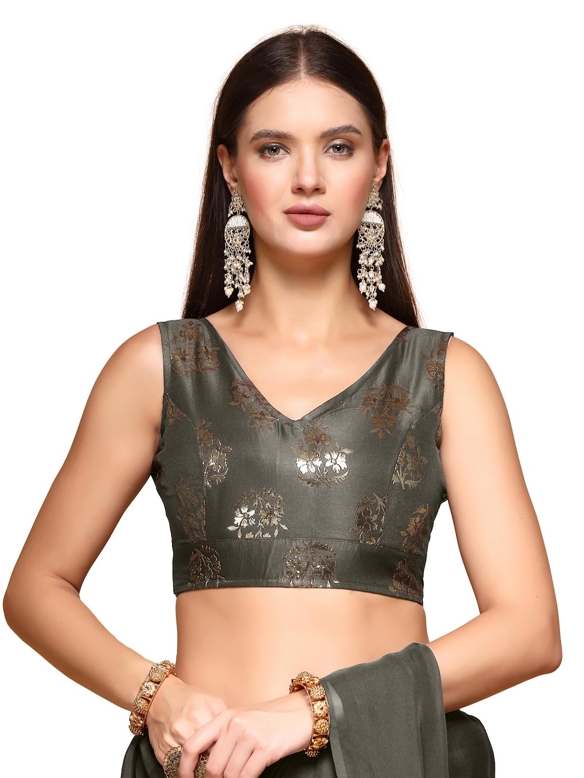 OOMPH! Readymade Blouse for Women, Brocade, Sleeveless, V-Neck, rbbl680