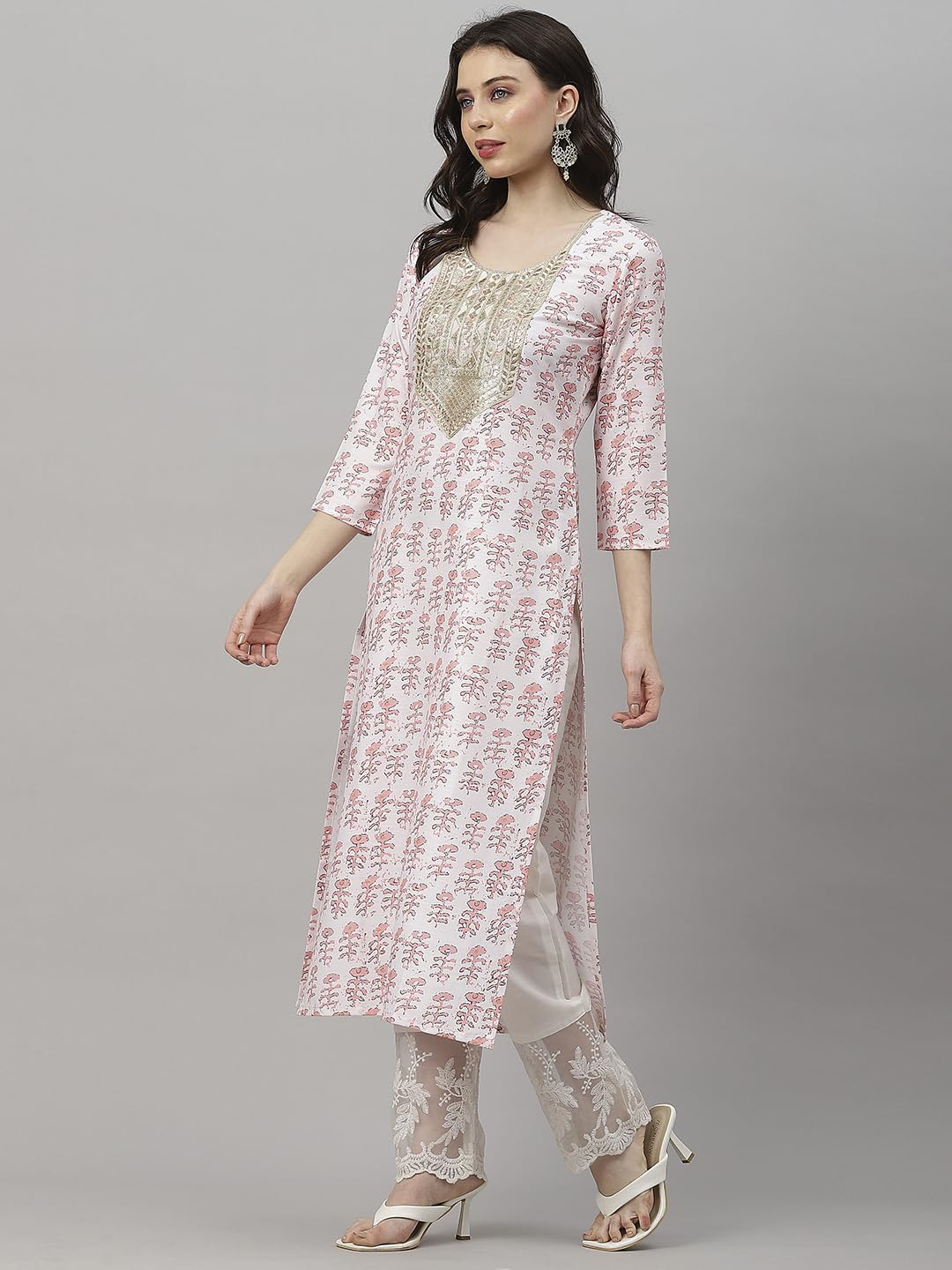 GoSriKi Women's Cotton Blend Straight Yoke Design Printed Kurta