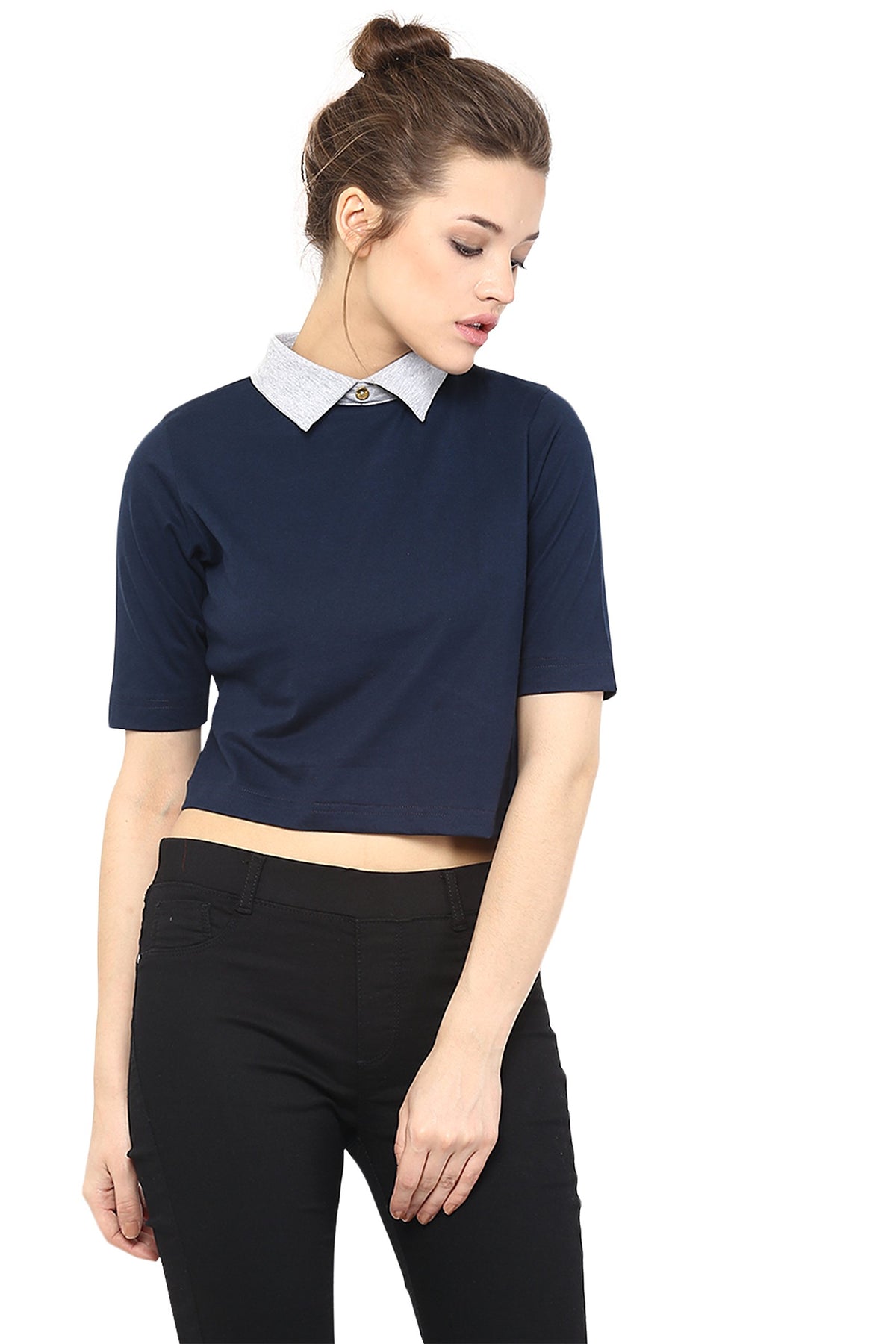 Miss Chase WomenS Navy Blue And Grey Collar Neck Half Sleeves Solid Boxy Crop Top (Mcaw14Tp01-43-141-06-Multicolor-Xl)