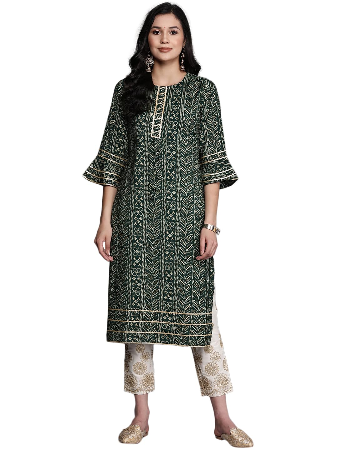 Libas WomenS Silk Printed Straight Kurta (26264_Green