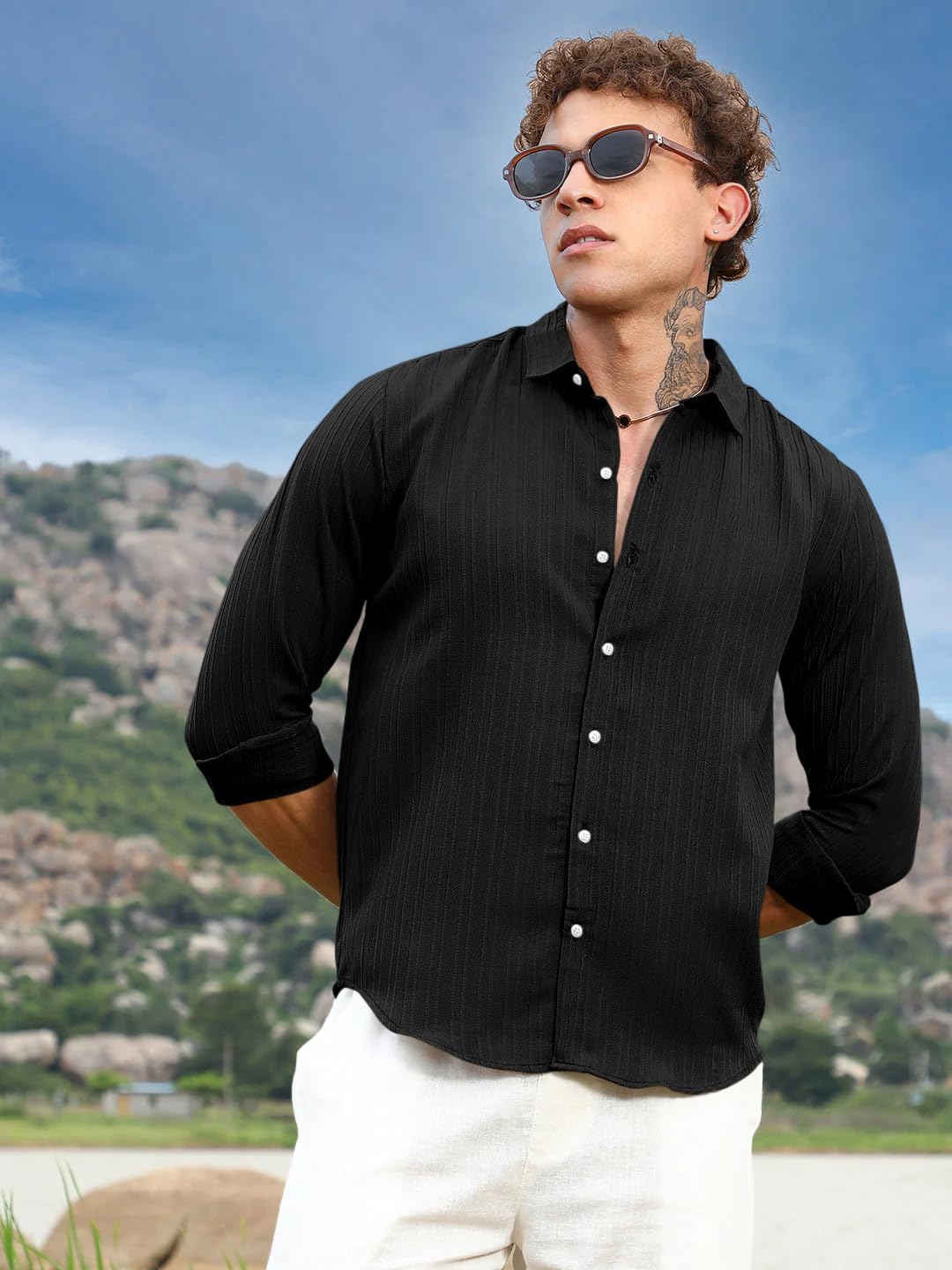 Finivo Fashion MenS Striped Cotton Casual Button Down Shirts Long Sleeve Textured Summer Beach Shirt For Men Black