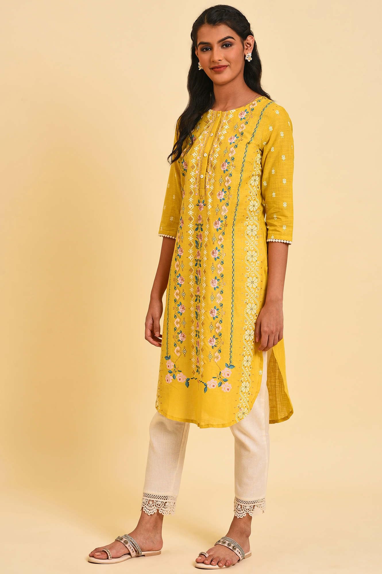 W Yellow Floral Printed Cotton Regular Glitter Lace Kurta For Women