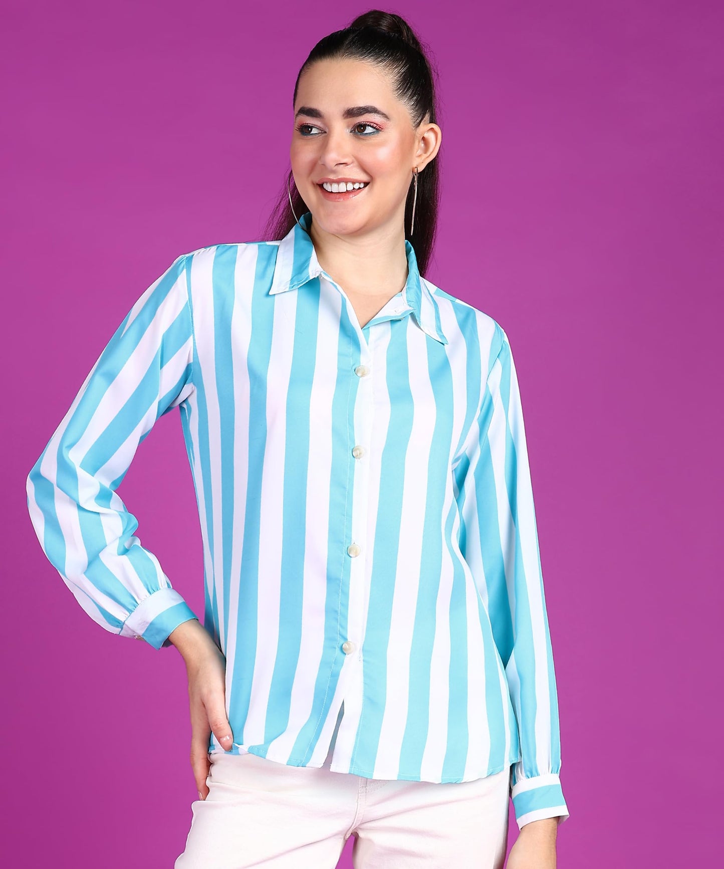 POPWINGS Stripe Printed Crepe Shirt for Women Stylish and Casual Regular Fit Full Sleeves Shirts Western for Women Shirt