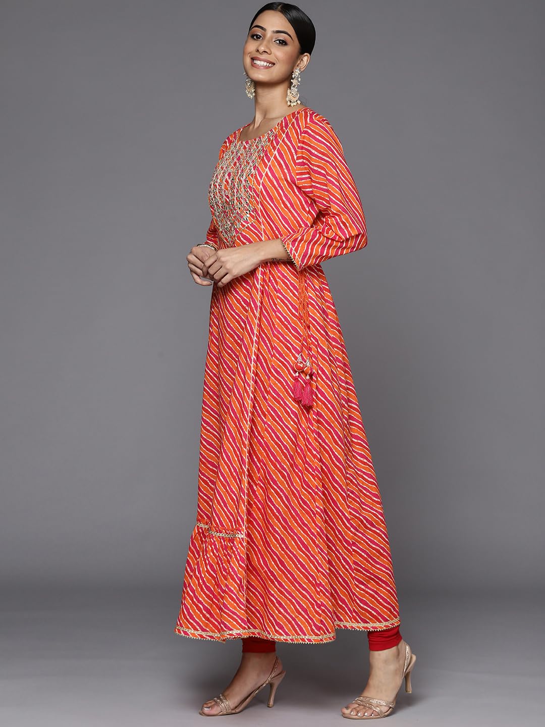 Varanga orange lehariya printed kalidar kurta with gotta pati embroidery