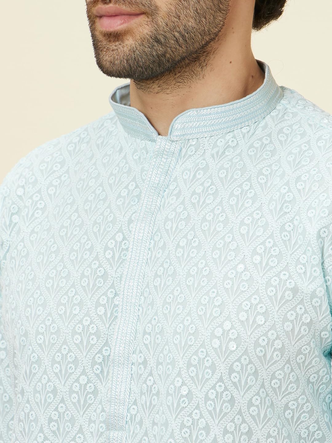 Manyavar MenS Blue Georgette Embroidered Kurta Pyjama Set