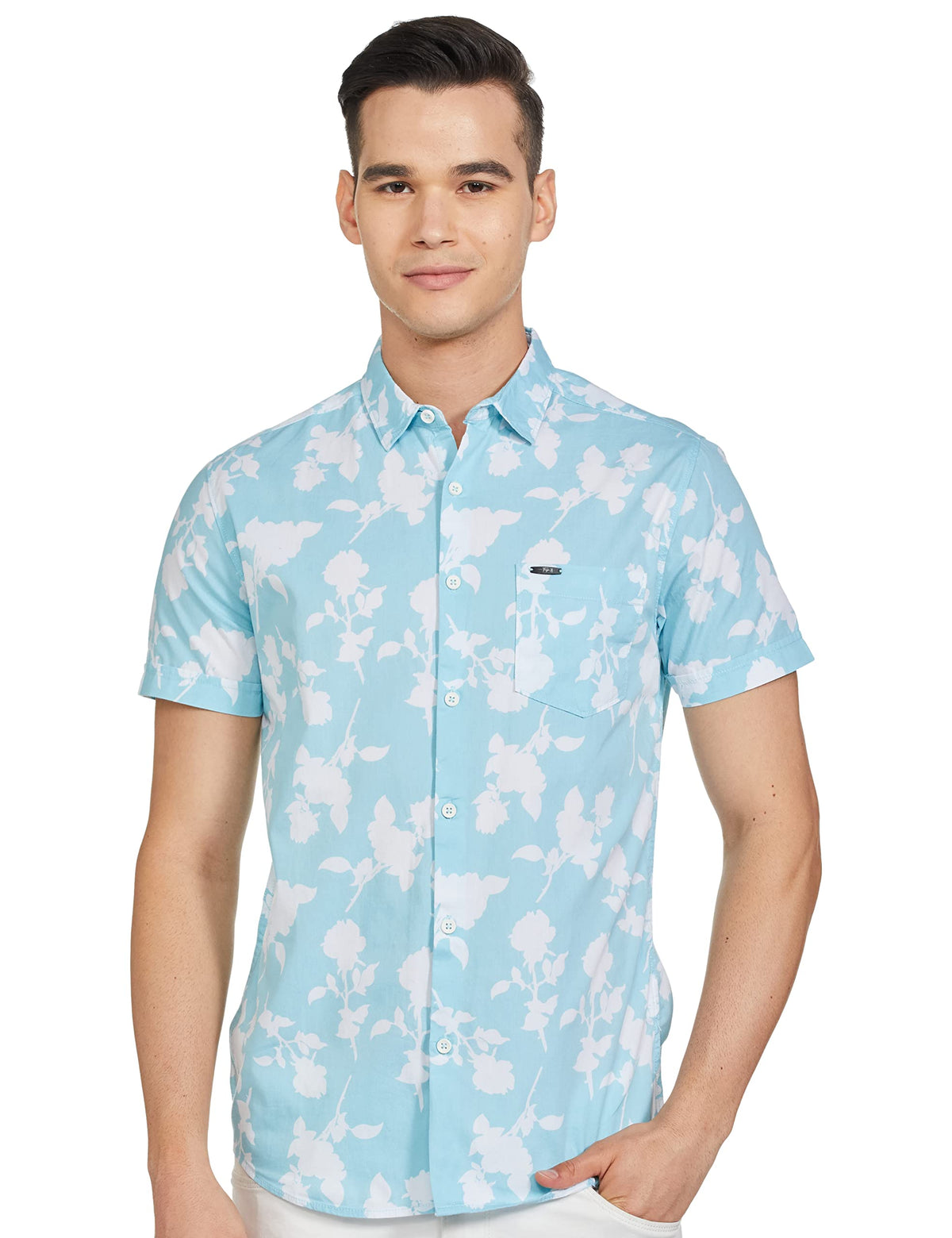 The Indian Garage Co Blue Regular Fit Spread Collar Floral Print Short Sleeves Shirt