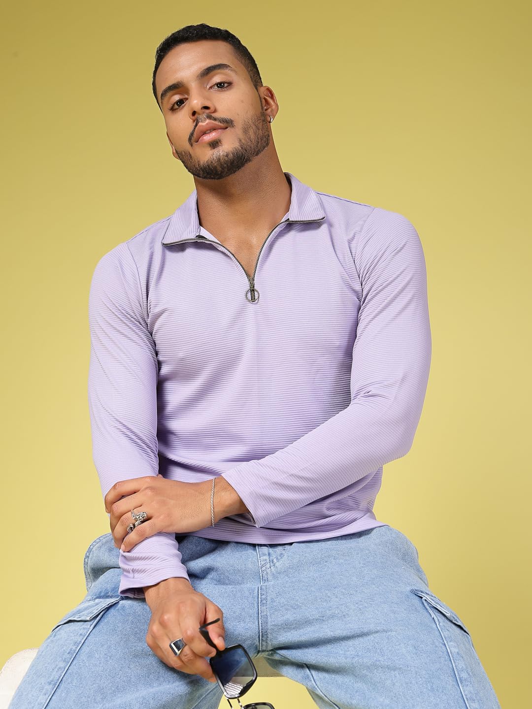 Rigo Polyester T-Shirt for Men | High Neck, Slim Fit T-Shirt for Men | Solid Casual T-Shirts Light Purple