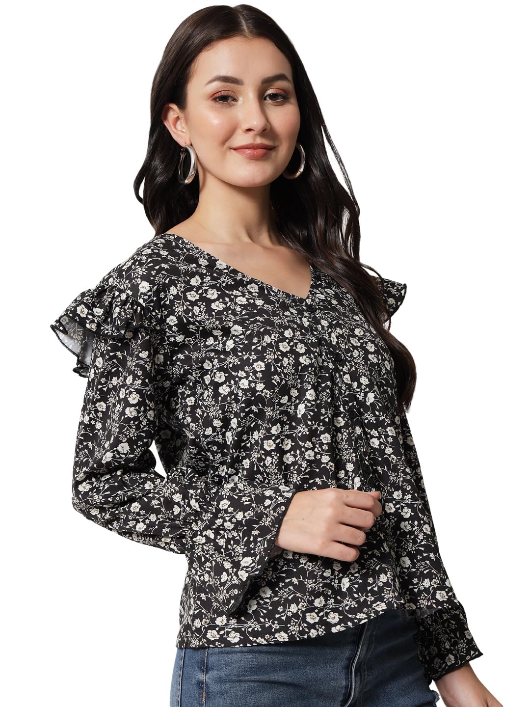 Kotty WomenS Casual Bishop Sleeve Embellished Black Top