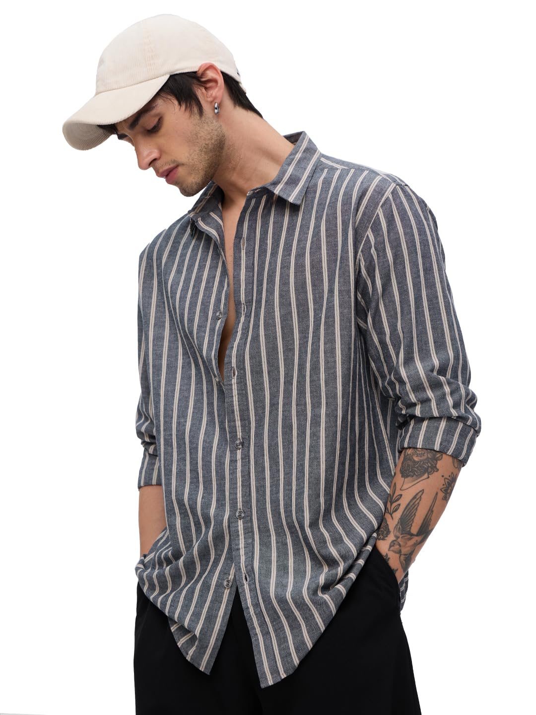 The Souled Store Cotton Linen Stripes: Azure Men and Boys Long Sleeves Collared Neck Button Front Regular Fit Cotton Linen Shirt