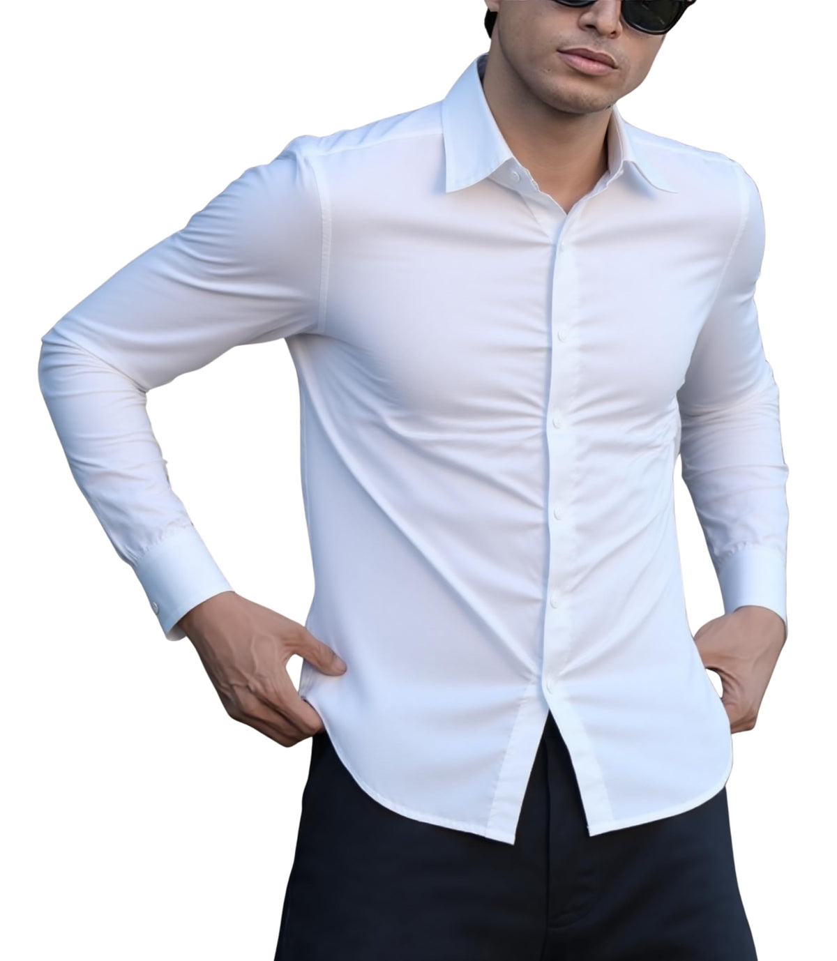 Indoprimo MenS Casual Button Down Long Sleeve Satin Plain Shirt White