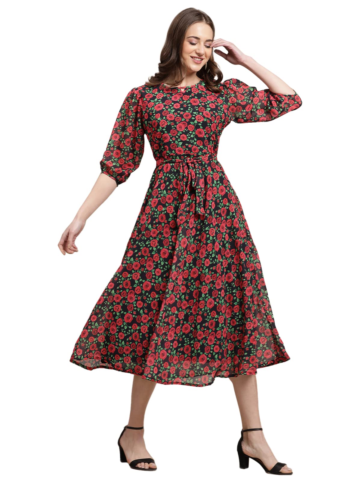Preneum WomenS Maxi Fit & Flare Latest Style Print Georgette Regular Sleeves Casual Summer Maxi Dress || Festival & Occasion, R