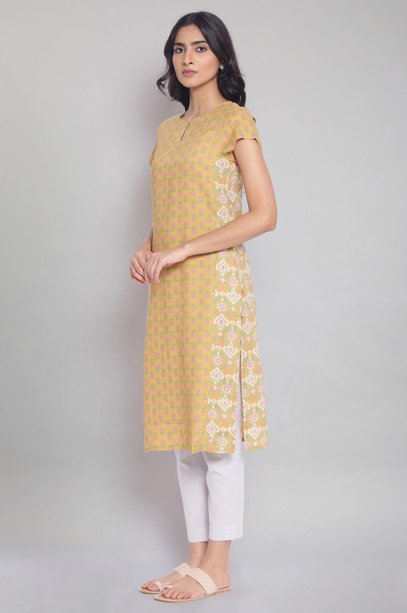 W For Woman Dark Yellow Floral Printed Regular Kurta