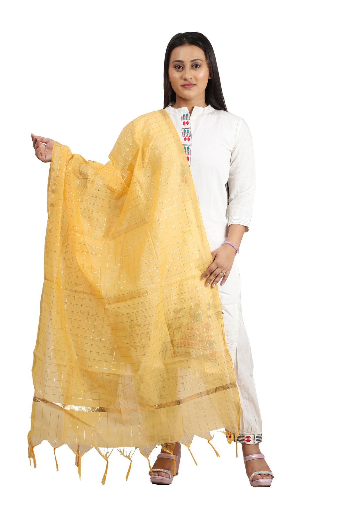 Fabme Silk Blend WomenS Checkered Dupatta With Embellish Golden Border, Free Size