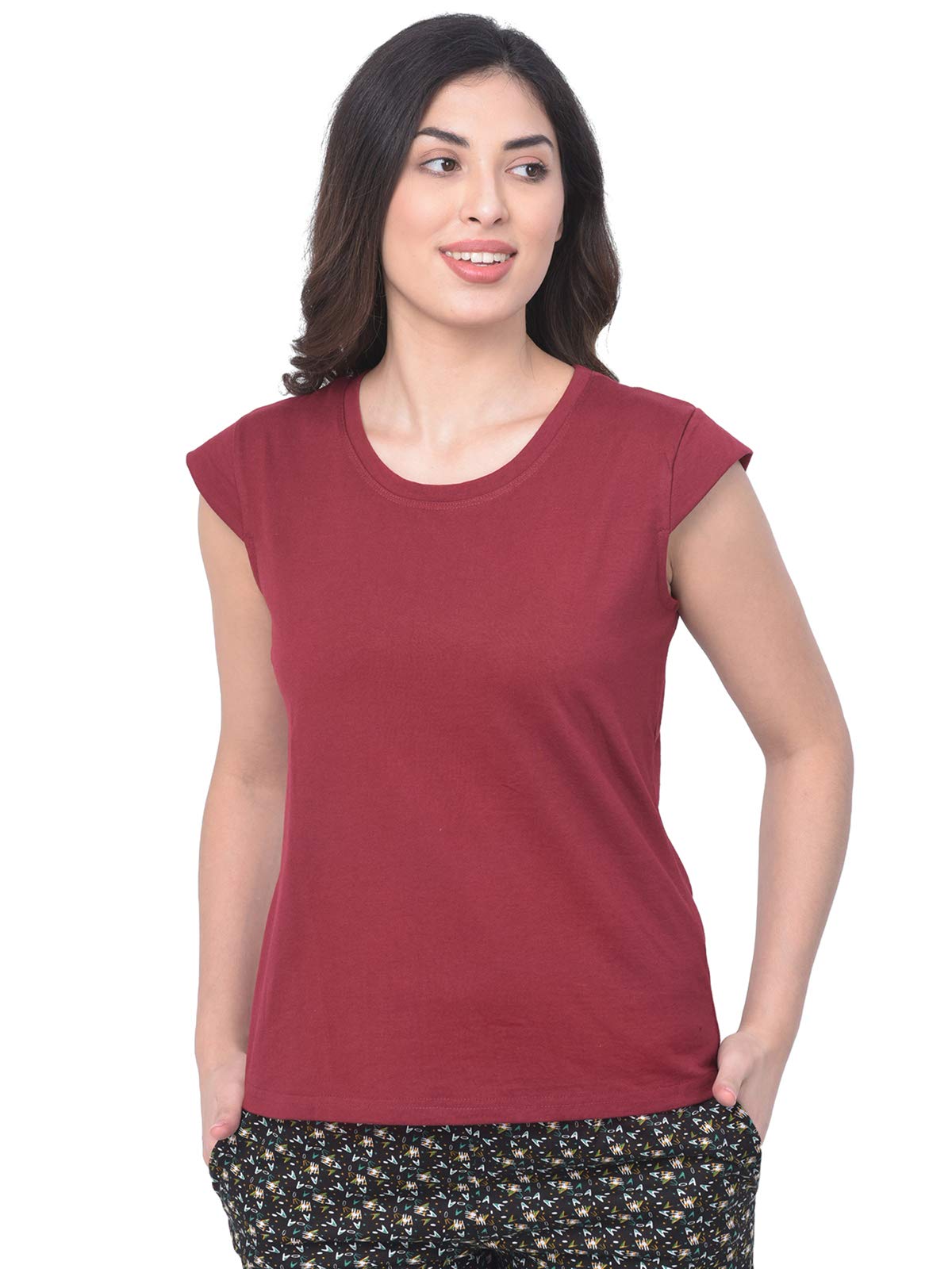 Clovia Womens Cotton Rich Solid Cap Sleeve T-Shirt (LT0142P09_Maroon_XXL)