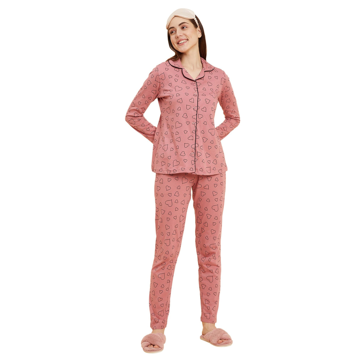 Sweet Dreams Women Printed Full Sleeves Pyjama Set Dusty Rose