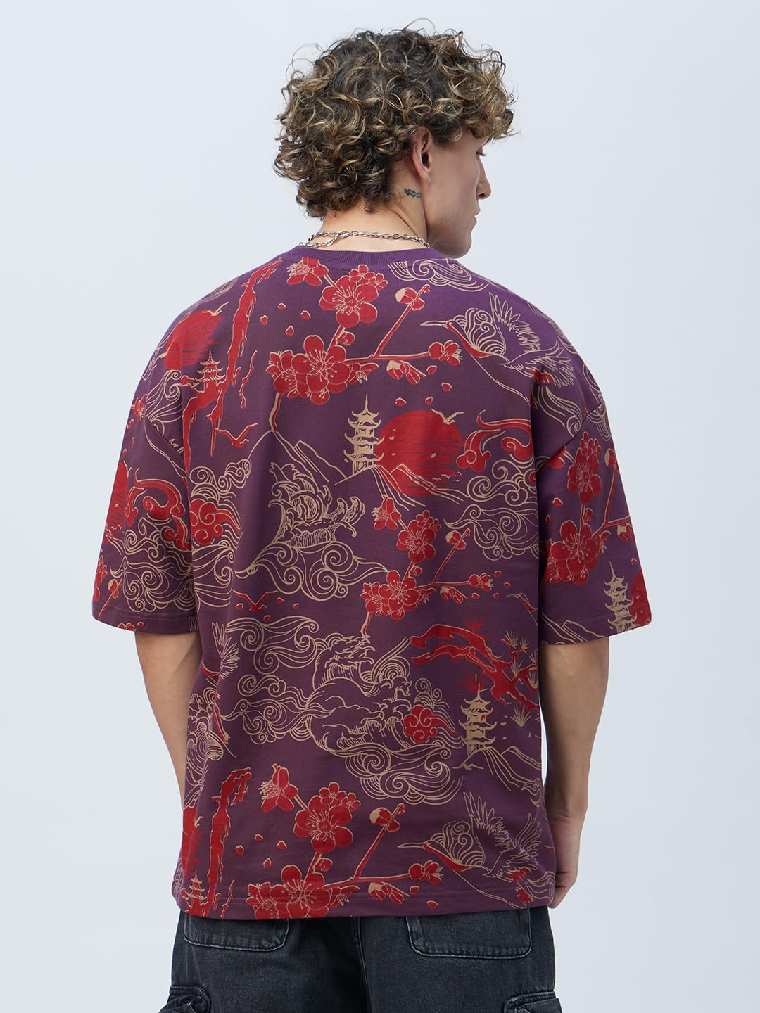 The Souled Store Originals: Sound of Waves Men and Boys Short Sleeves Round Neck Purple Embellished Lightweight Comfortable All-