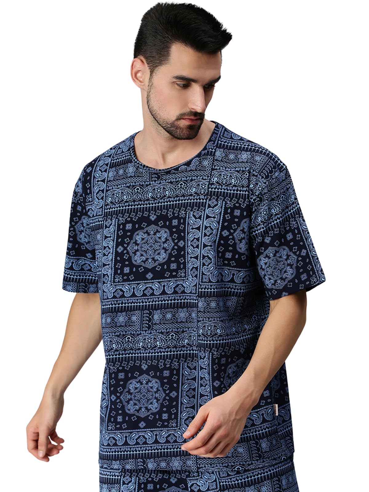 Veirdo Mens Oversized Cotton Crew Neck T-Shirt with Bandana Print