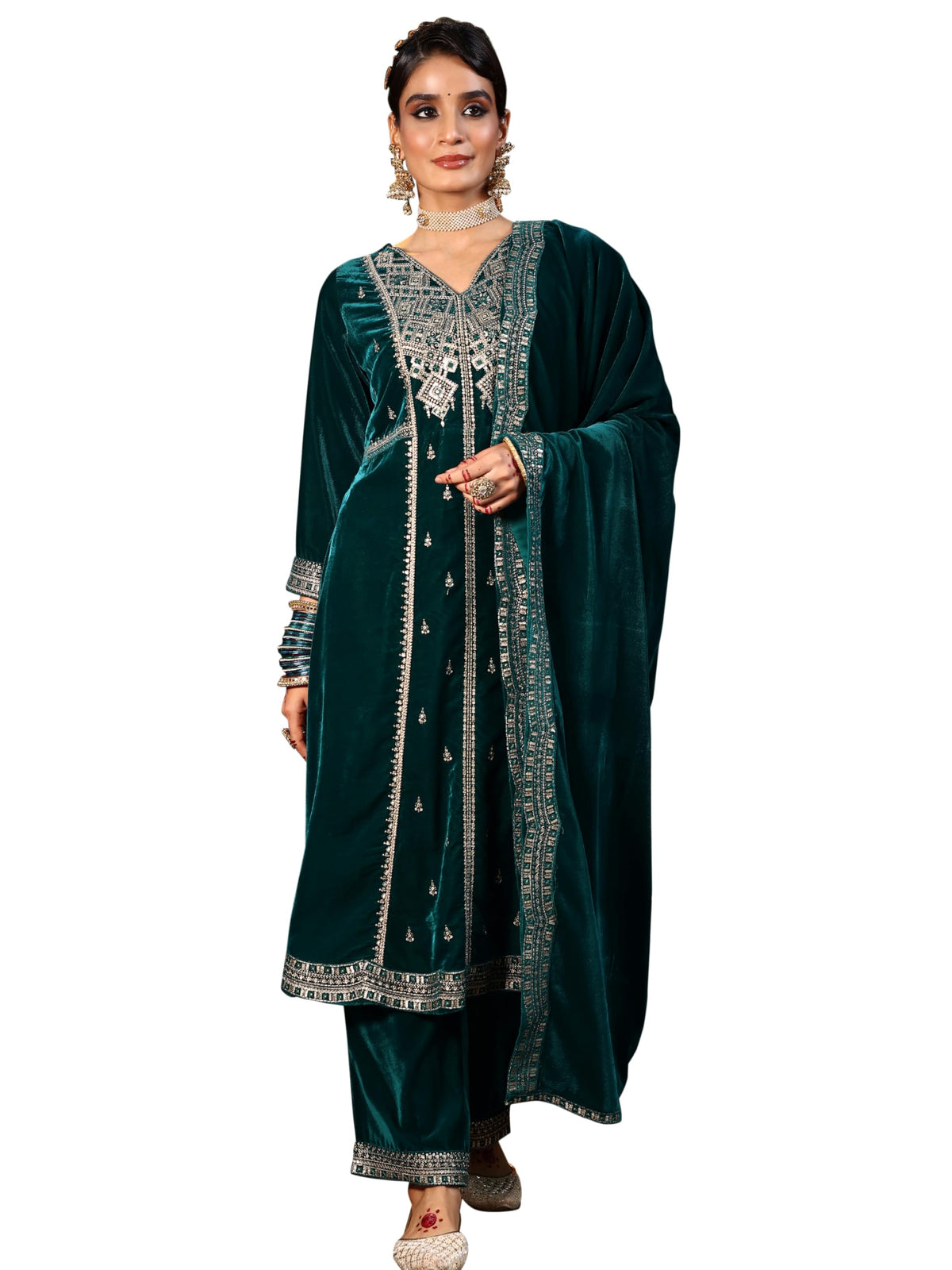 Libas WomenS Velvet Kurta Set (49491_Green